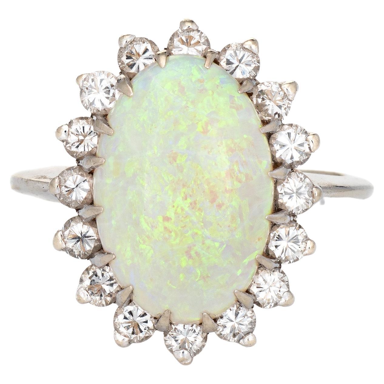 6ct Natural Opal Diamond Ring Vintage 14k White Gold Oval Cocktail Jewelry 6.75 For Sale