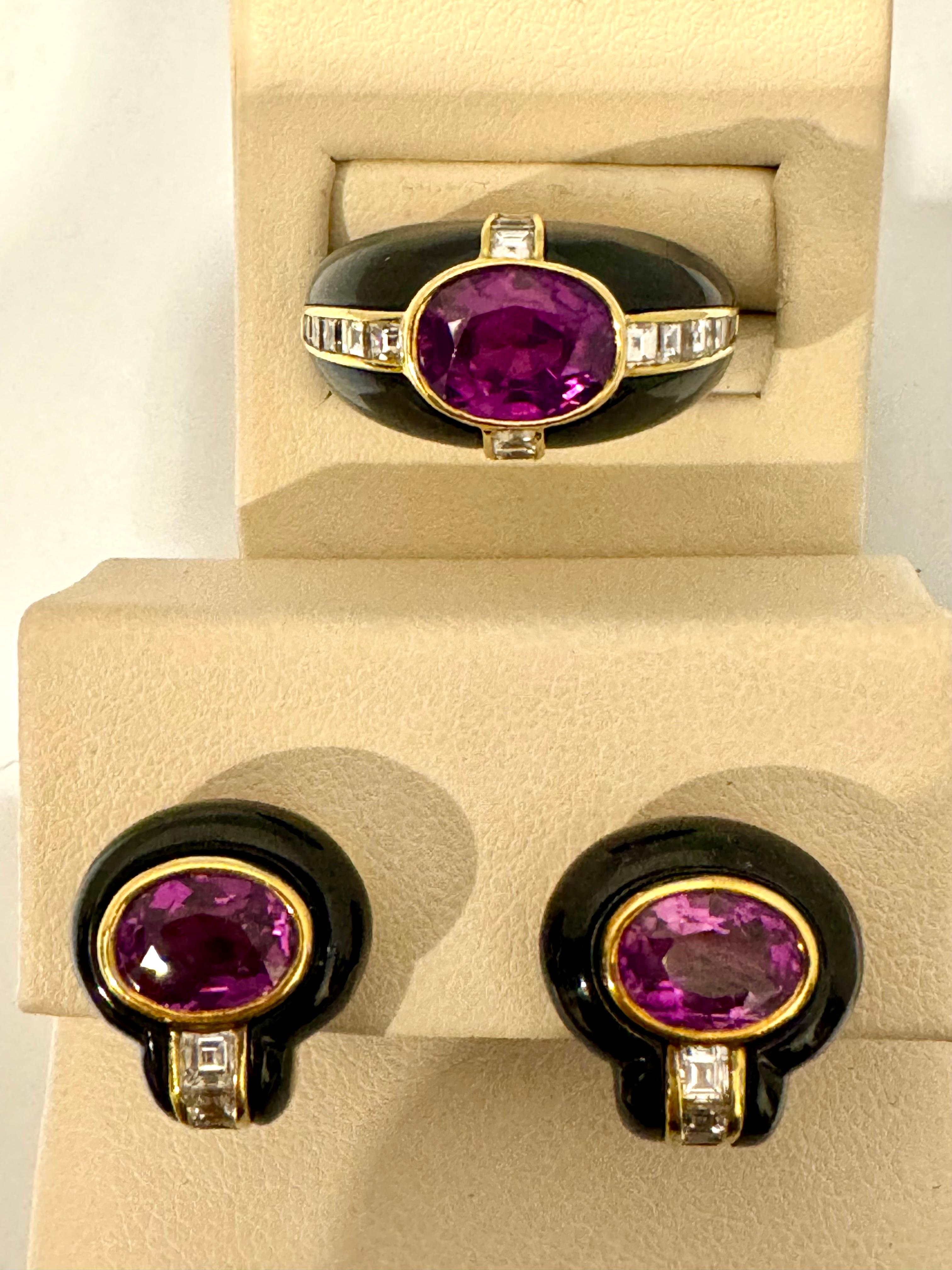 6Ct Natural PURPLE Sapphire , Black Onyx & Pave Diamond Ring & Earring Set 18KG For Sale 7
