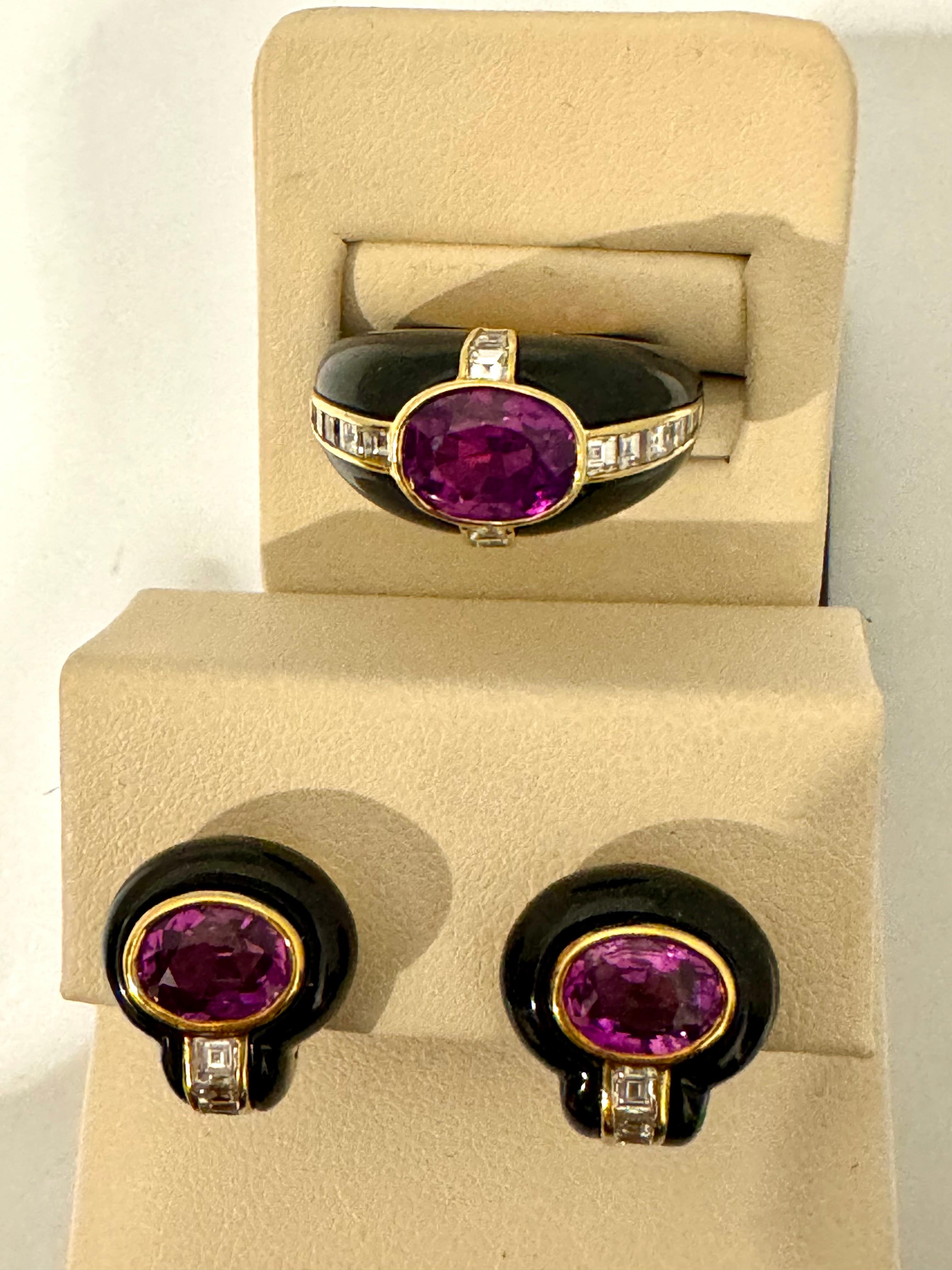 6Ct Natural PURPLE Sapphire , Black Onyx & Pave Diamond Ring & Earring Set 18KG For Sale 8