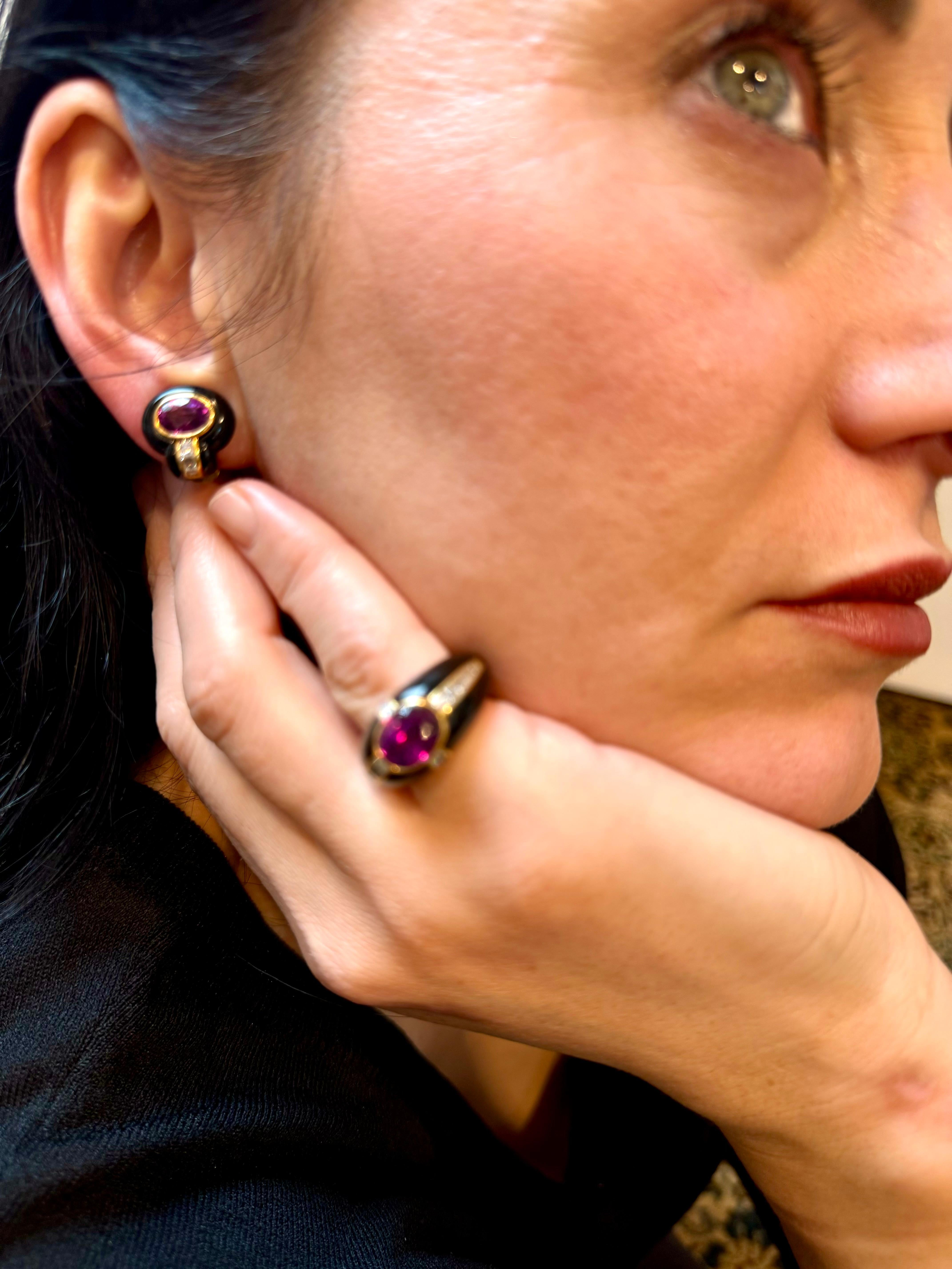 6Ct Natural PURPLE Sapphire , Black Onyx & Pave Diamond Ring & Earring Set 18KG For Sale 14