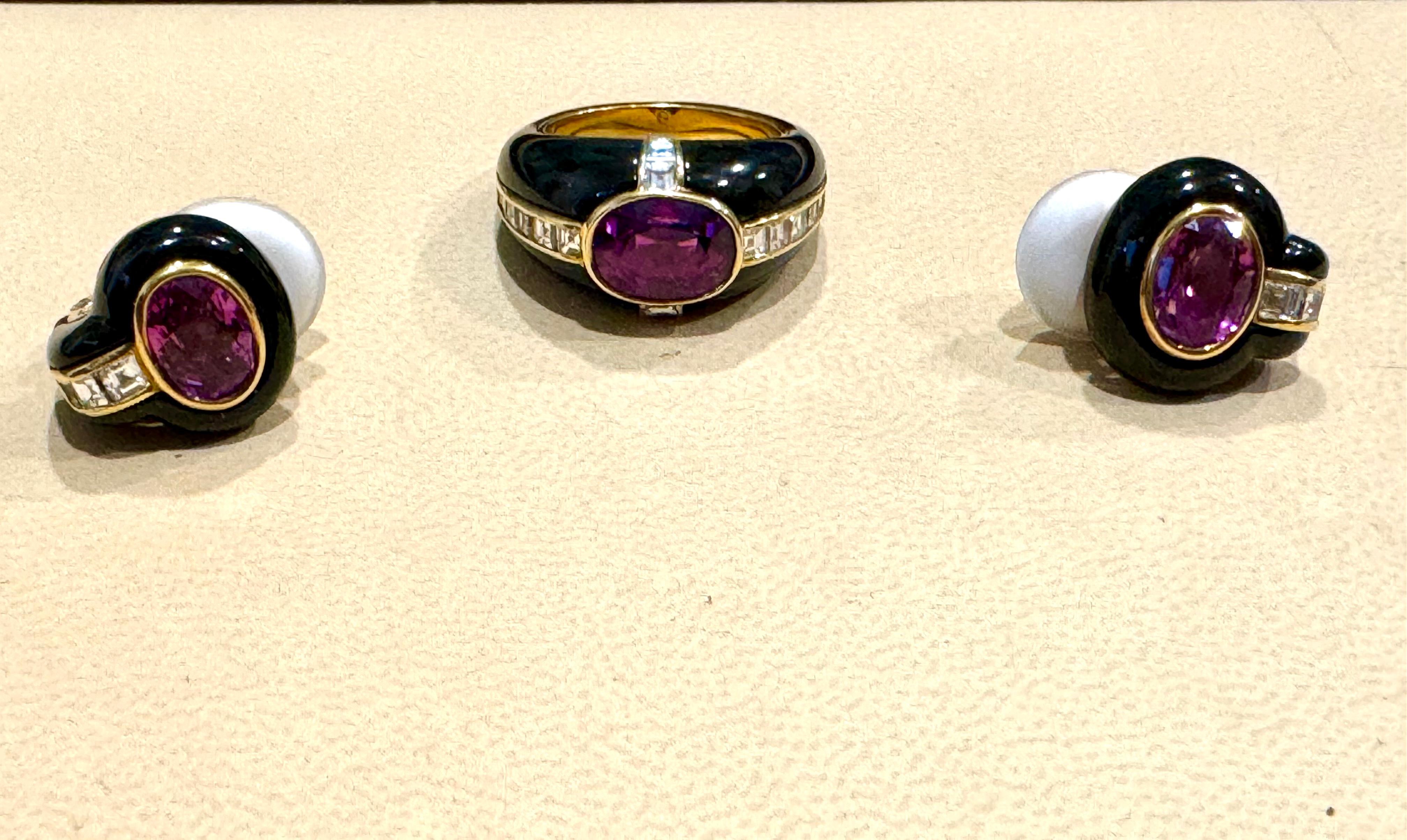 6Ct Natural PURPLE Sapphire , Black Onyx & Pave Diamond Ring & Earring Set 18KG For Sale 1