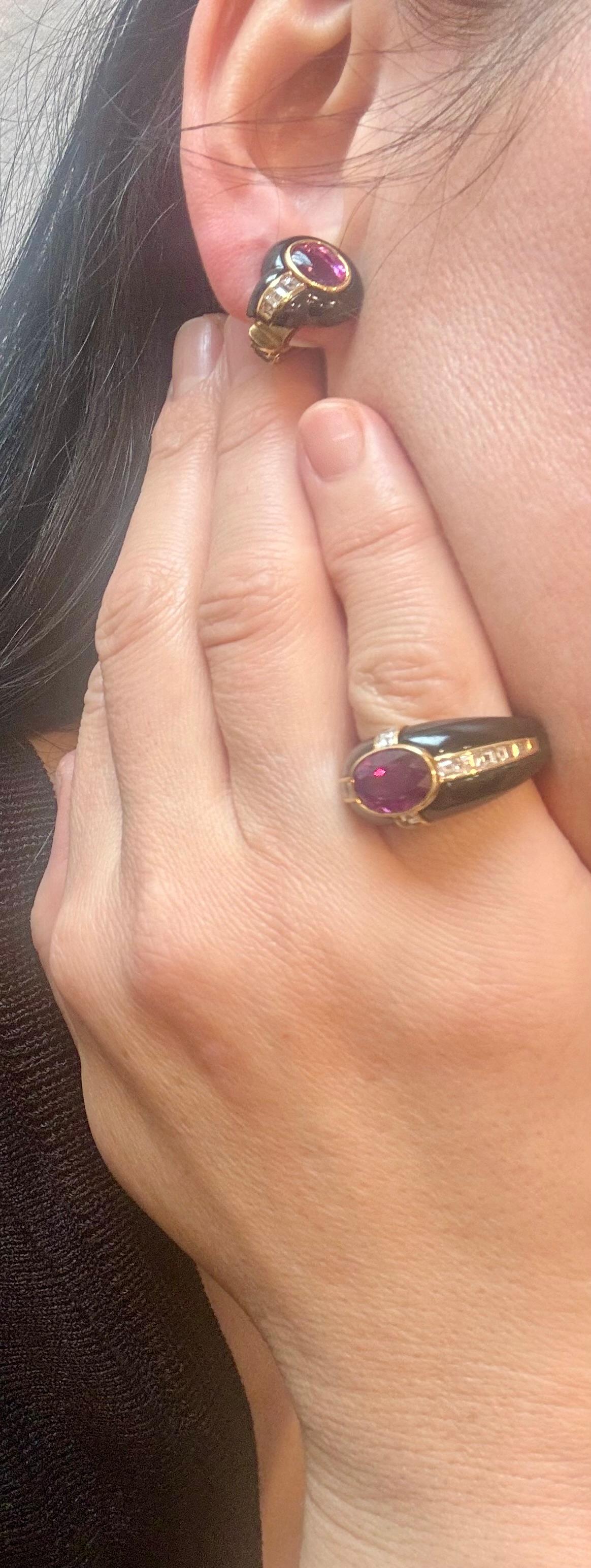 6Ct Natural PURPLE Sapphire , Black Onyx & Pave Diamond Ring & Earring Set 18KG For Sale 15