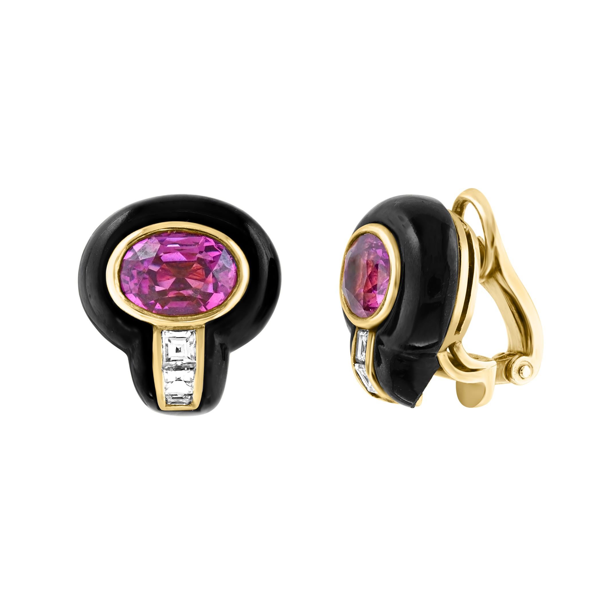 6Ct Natural PURPLE Sapphire , Black Onyx & Pave Diamond Ring & Earring Set 18KG In Excellent Condition For Sale In New York, NY