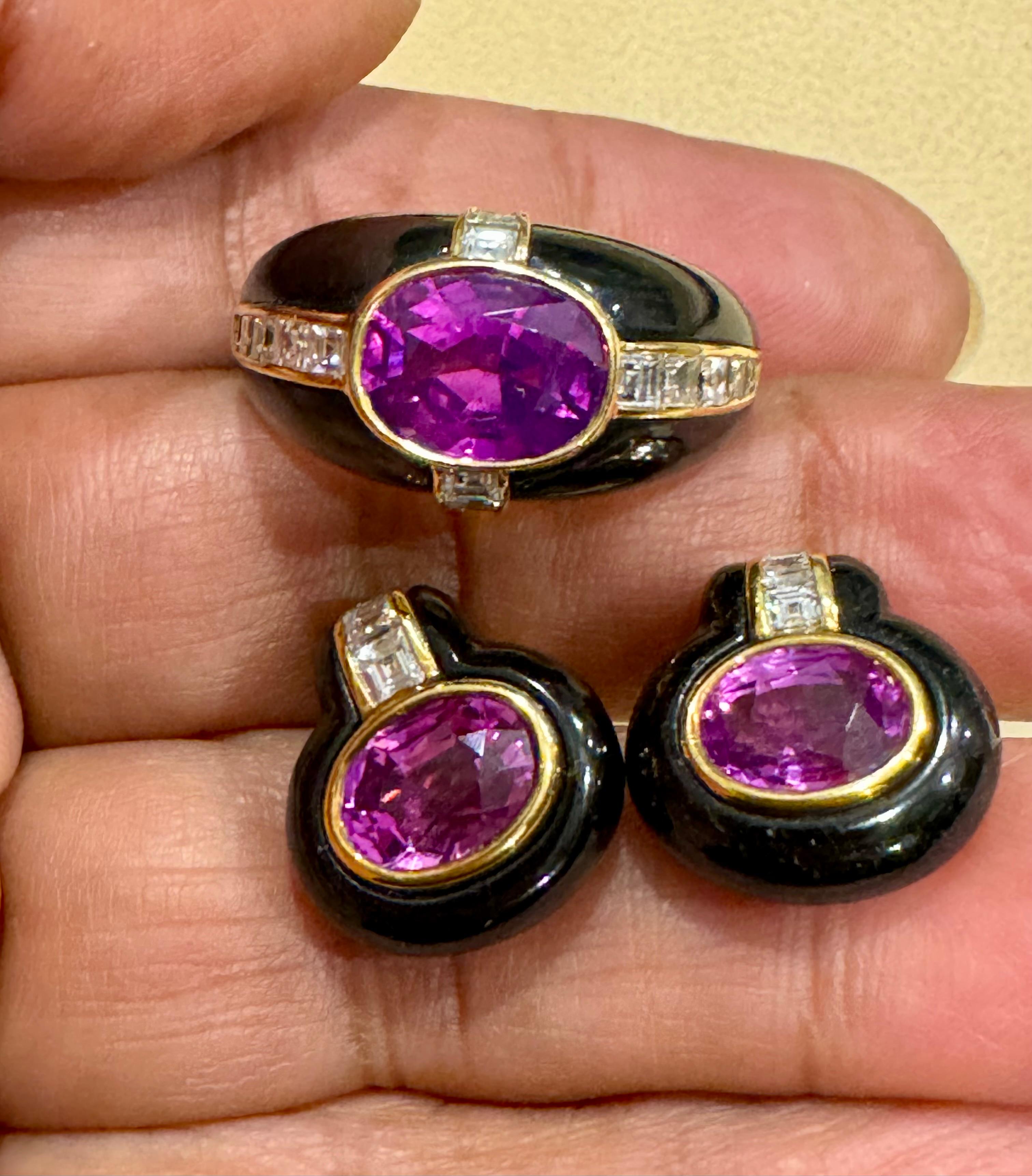 6Ct Natural PURPLE Sapphire , Black Onyx & Pave Diamond Ring & Earring Set 18KG For Sale 3