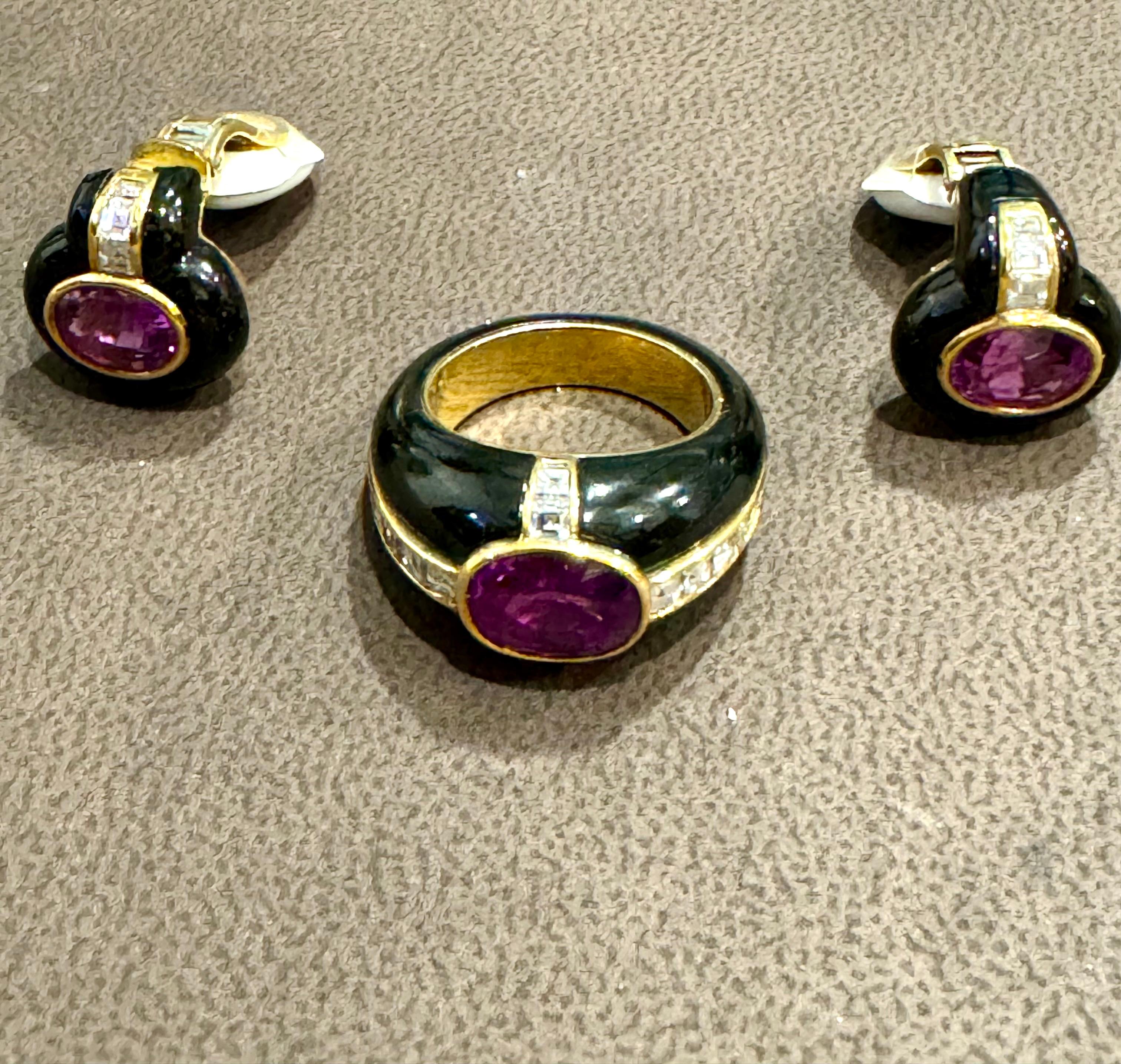 6Ct Natural PURPLE Sapphire , Black Onyx & Pave Diamond Ring & Earring Set 18KG For Sale 4