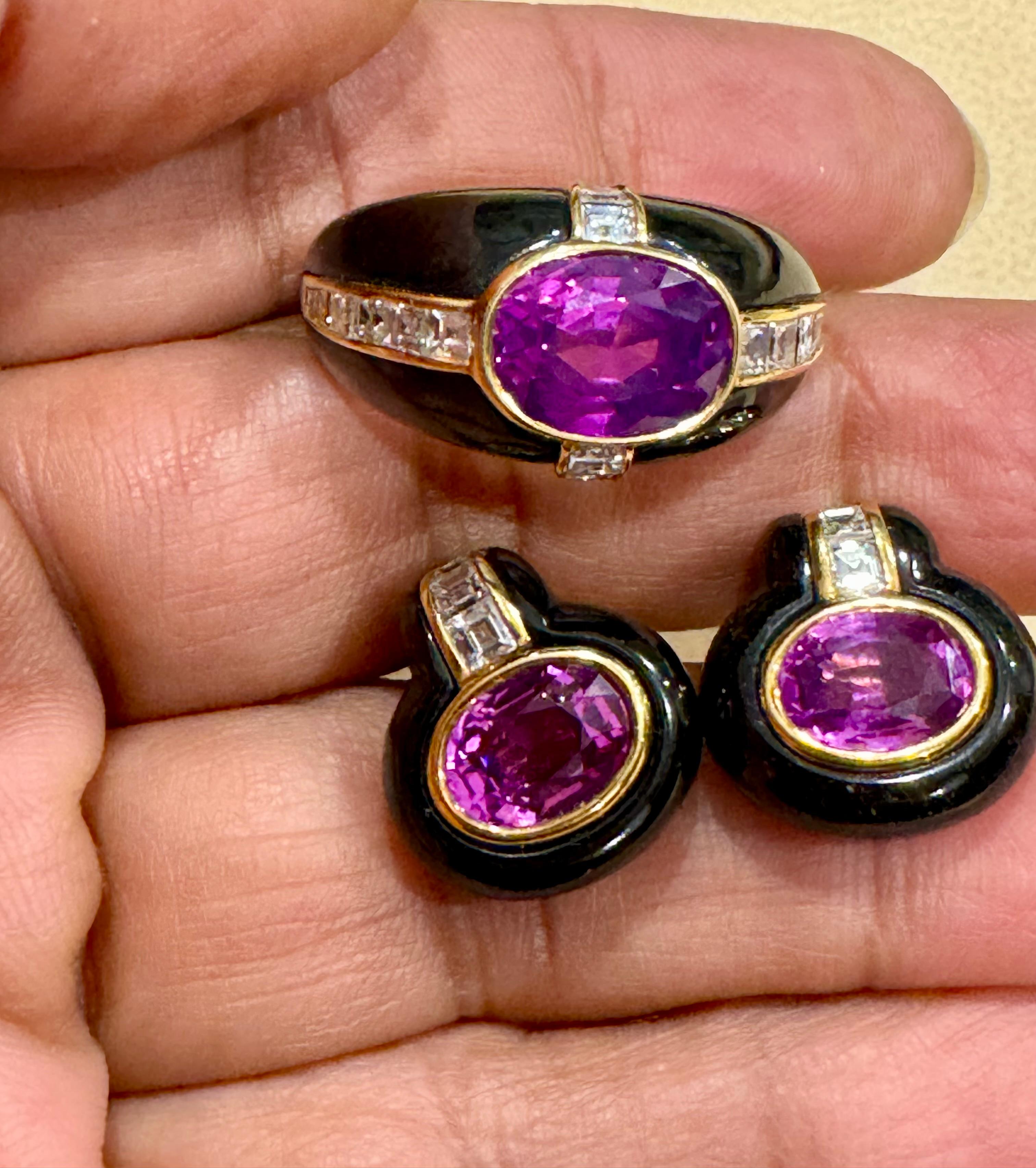 6Ct Natural PURPLE Sapphire , Black Onyx & Pave Diamond Ring & Earring Set 18KG For Sale 5