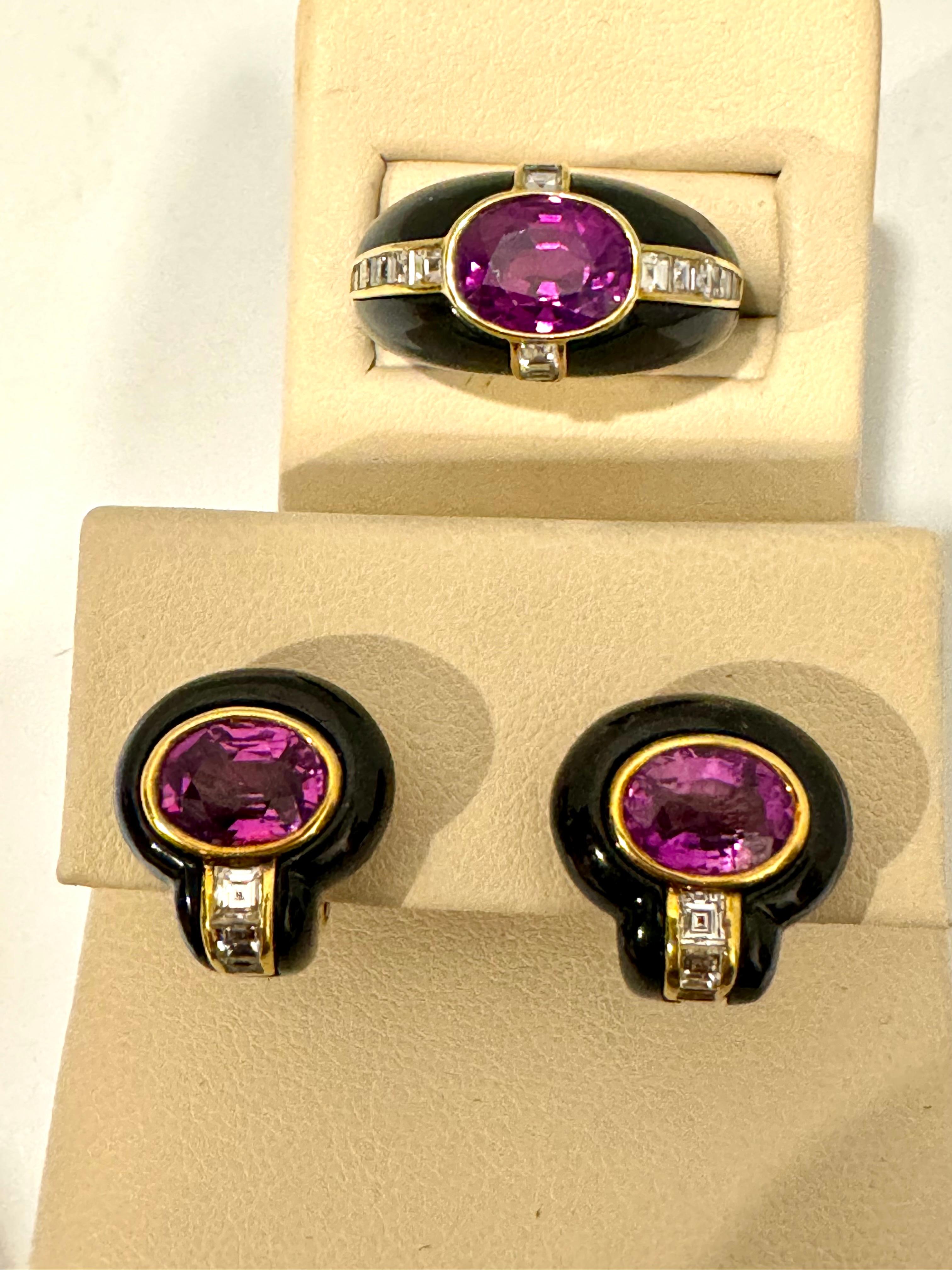 6Ct Natural PURPLE Sapphire , Black Onyx & Pave Diamond Ring & Earring Set 18KG For Sale 6