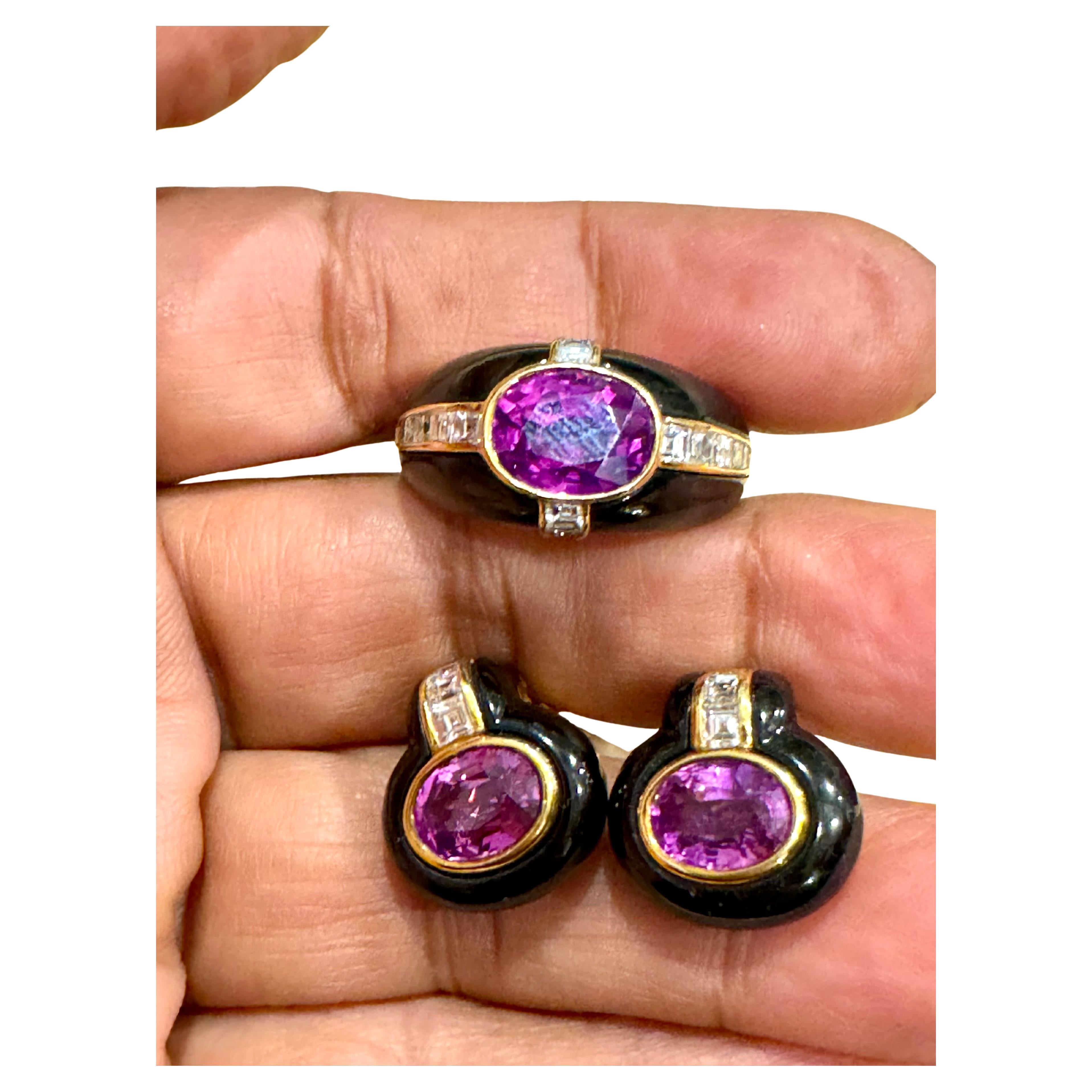 Women's 6Ct Natural PURPLE Sapphire , Black Onyx & Pave Diamond Ring & Earring Set 18KG For Sale