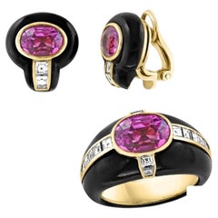 6Ct Natural PURPLE Sapphire , Black Onyx & Pave Diamond Ring & Earring Set 18KG