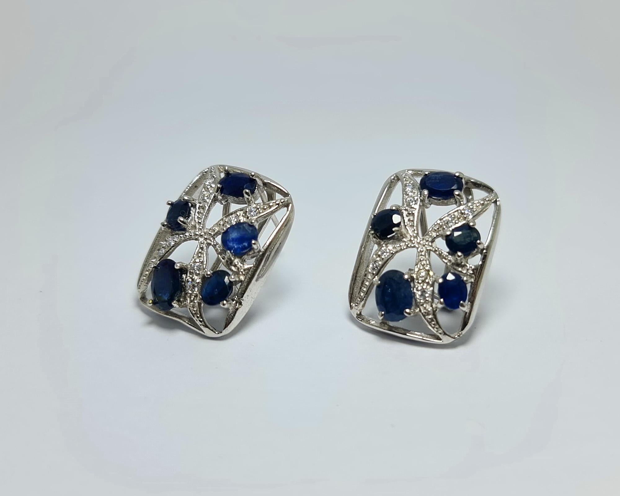 Art Deco 6Ct Natural Untreated Sapphire .925 Sterling Silver Rhodium plated Earrings Set For Sale