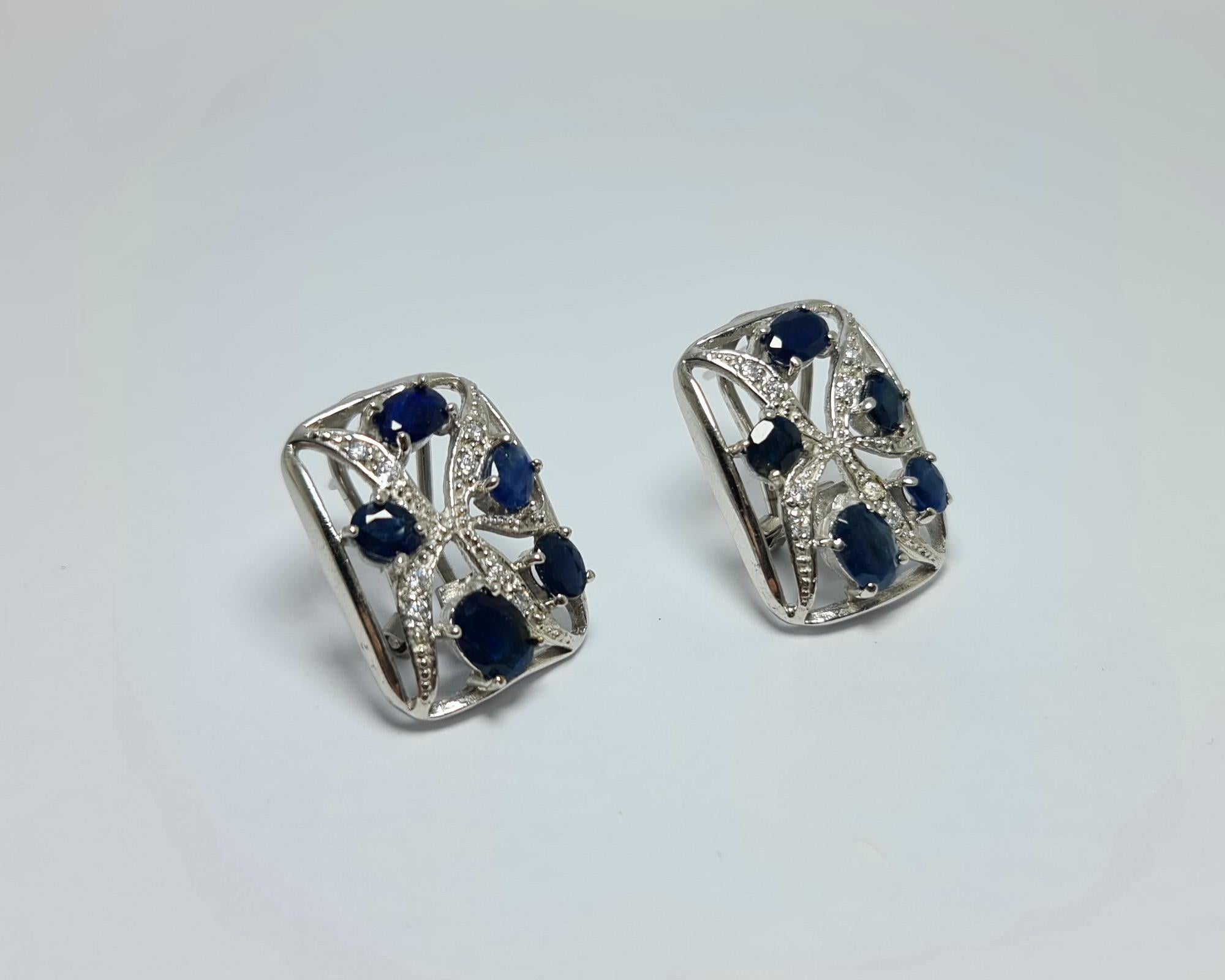 Women's 6Ct Natural Untreated Sapphire .925 Sterling Silver Rhodium plated Earrings Set For Sale