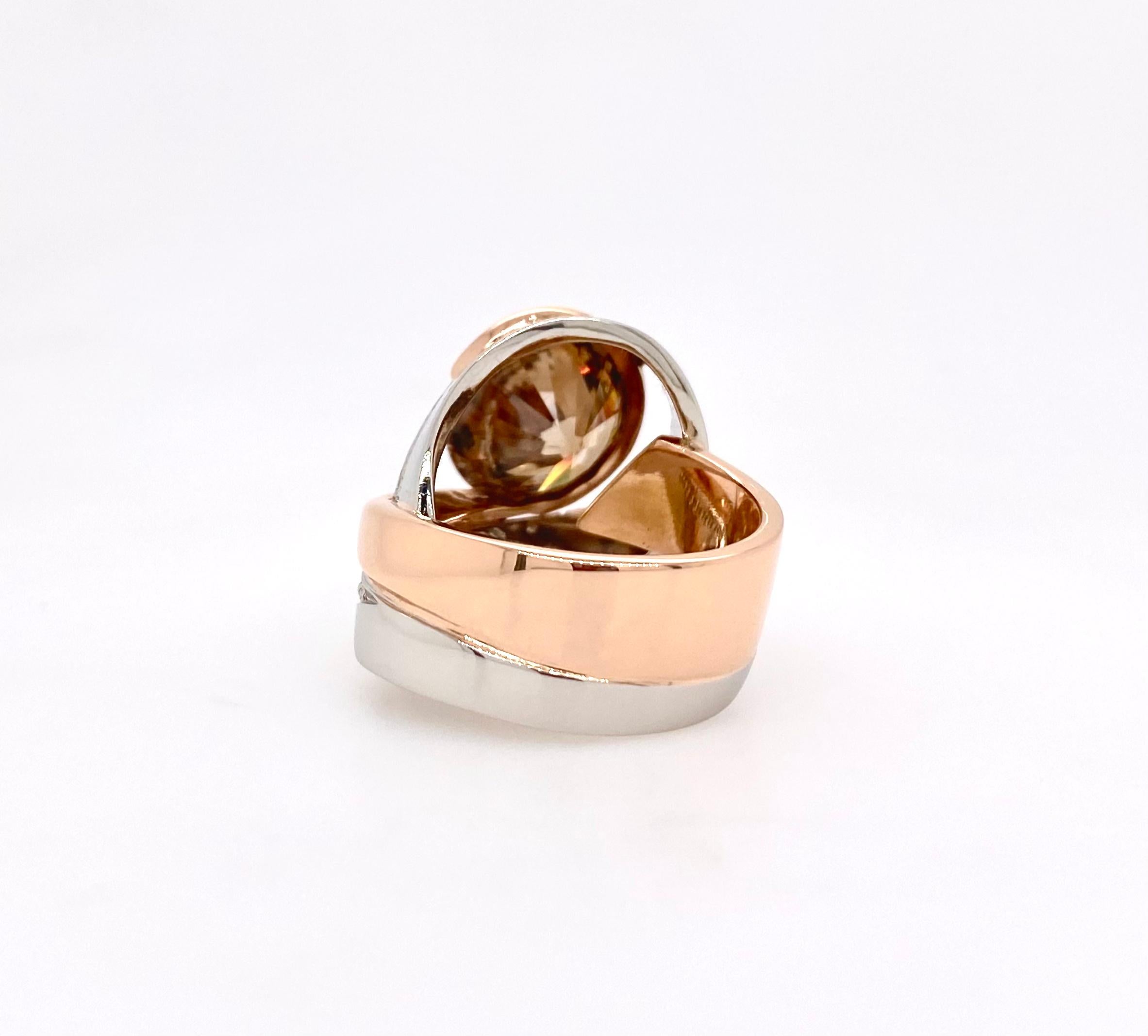 Contemporary 6ct Round Brilliant Cut Cognac Diamond in Platinum and 18ct Rose Gold Orbit Ring For Sale