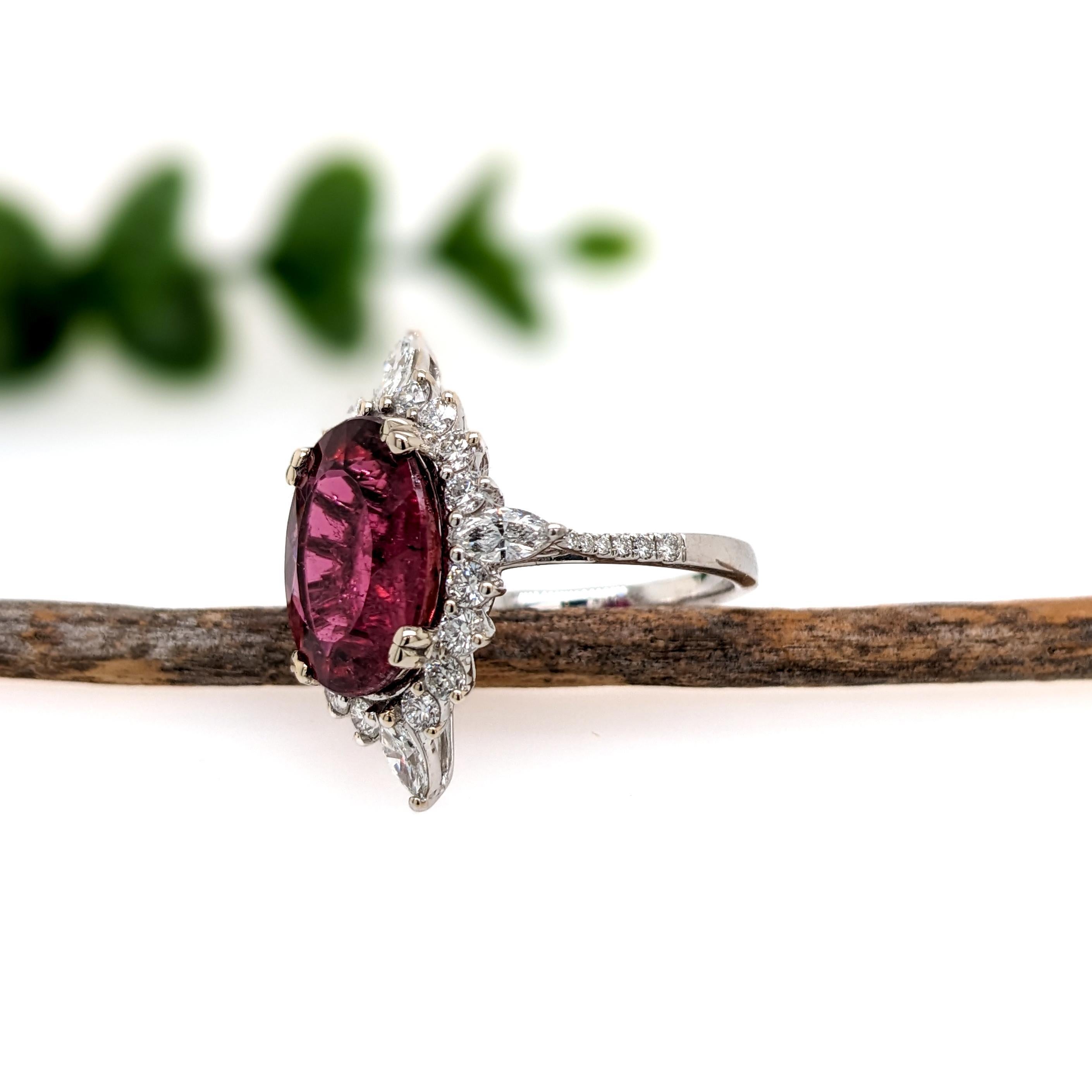 Art Deco 6ct Rubellite Statement Ring with a Natural Diamond Halo in Solid 14K White Gold