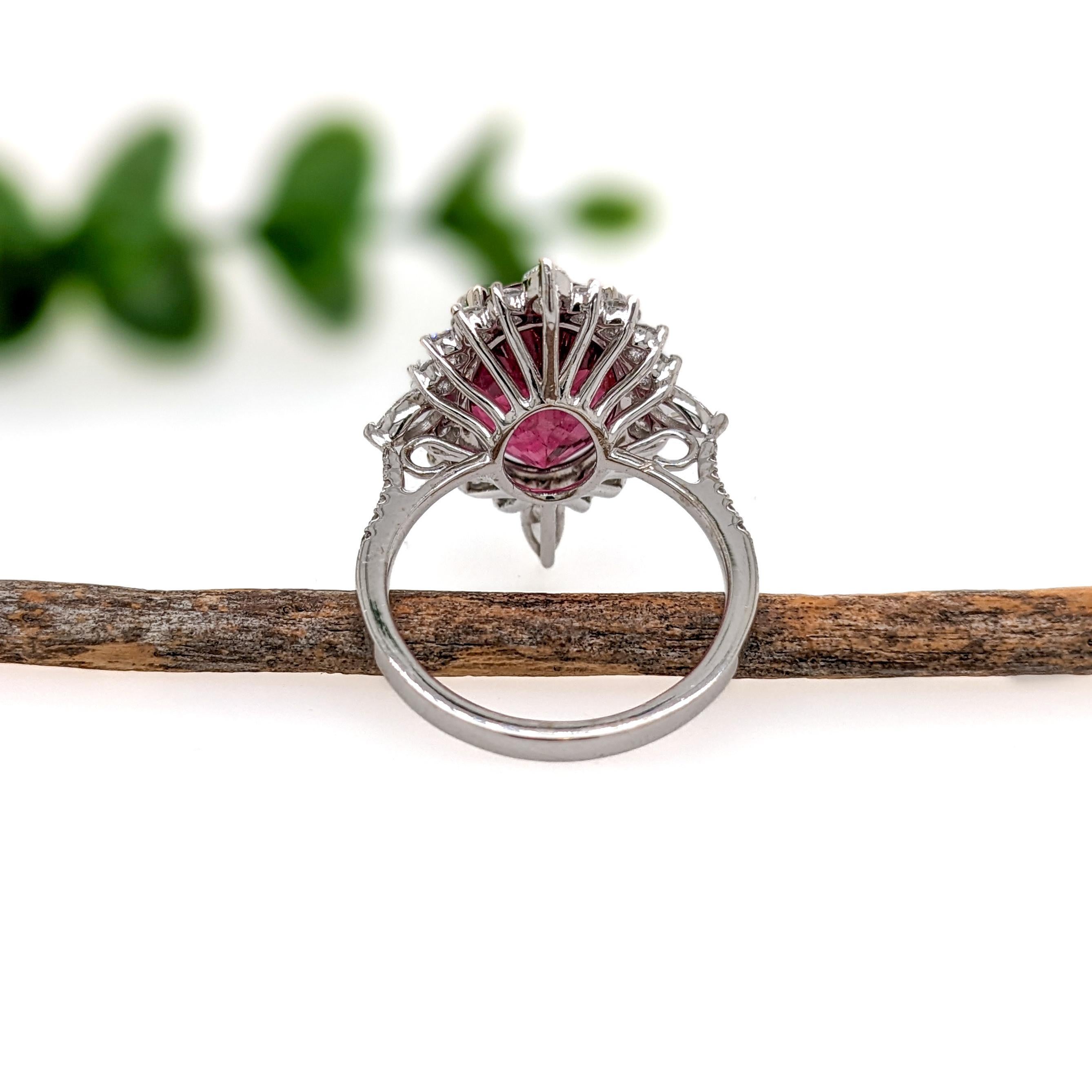 Oval Cut 6ct Rubellite Statement Ring with a Natural Diamond Halo in Solid 14K White Gold