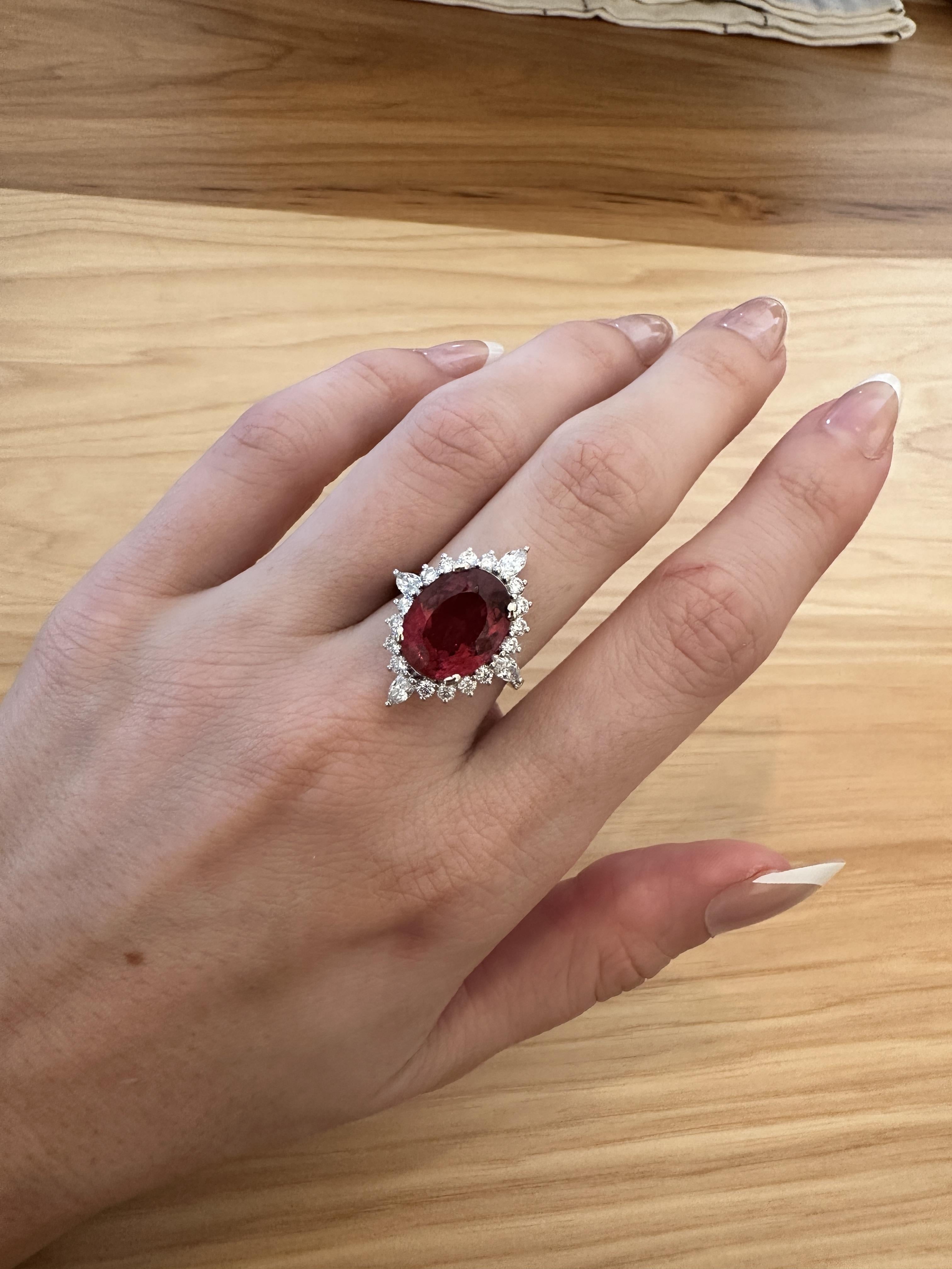 Women's 6ct Rubellite Statement Ring with a Natural Diamond Halo in Solid 14K White Gold