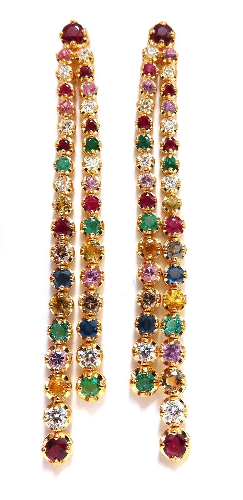 Round Cut 6ct Sapphire Emerald Ruby Diamonds Double Tier Dangle Earrings 14kt H/Vs For Sale