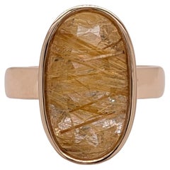 6ct Solitaire Golden Rutilated Quartz Ring in Solid 14K Yellow Gold  OV 17x9mm