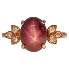 6Ct Star Ruby Cabochon Ring with Diamond Accents: Solid 14K Gold, Oval 10x8mm