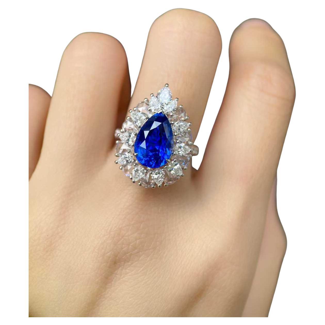 6ct Unheated Royal Blue Sapphire Pear Blossom Ring 2.80ct Diamonds 18K Gold