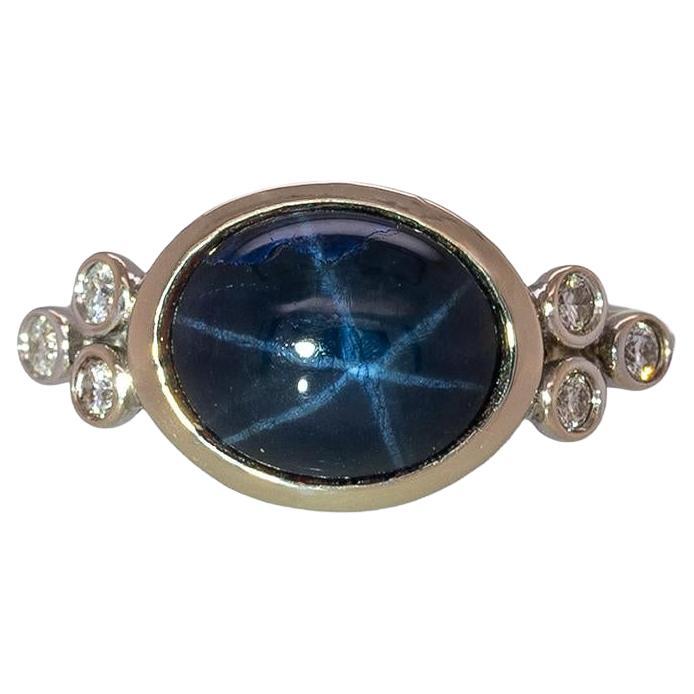 6cts Star Sapphire Ring with Natural Diamonds Accents: Solid 14k Gold, 11x9mm