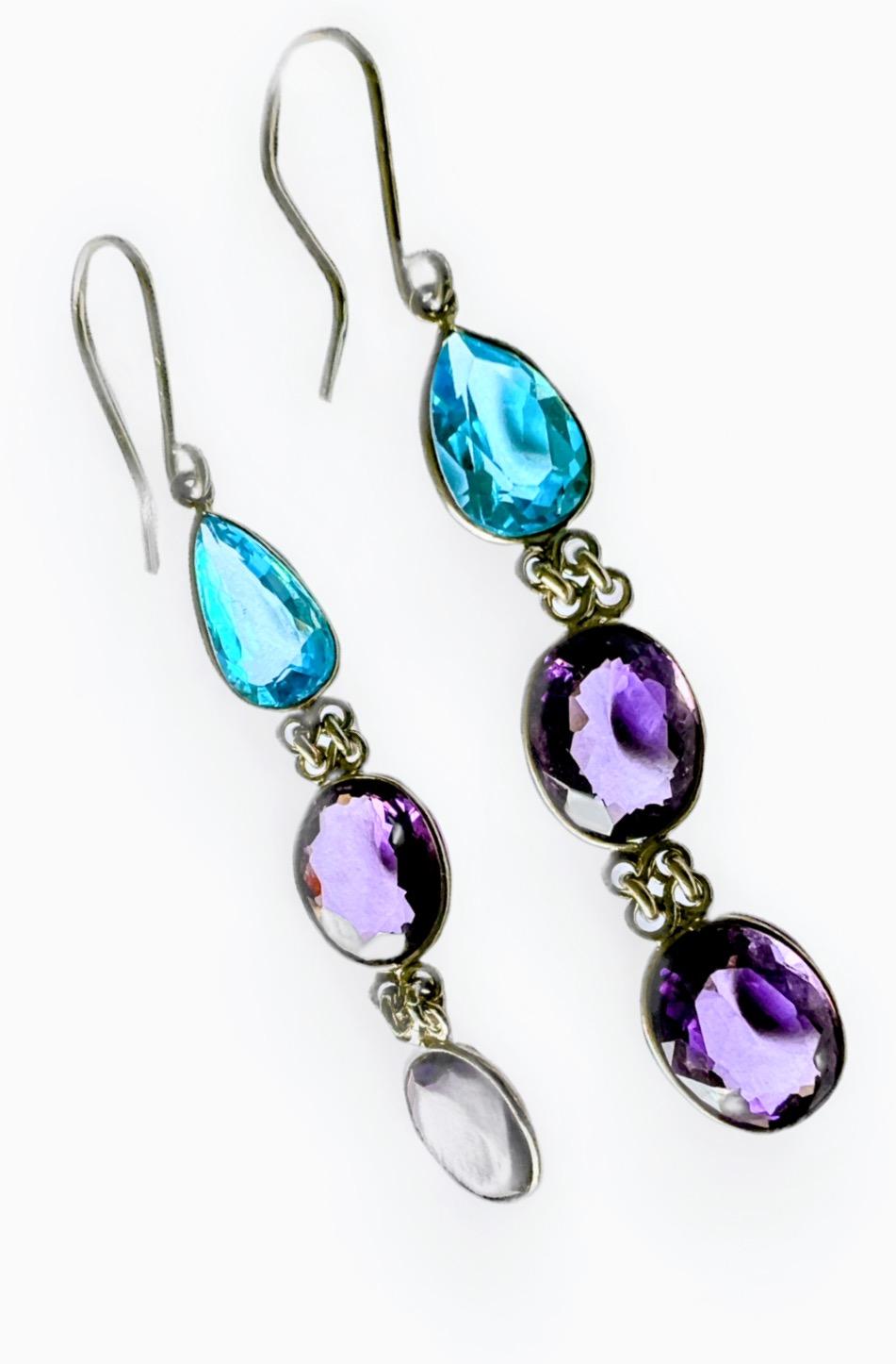 Women's 6ctw Blue Topaz and Amethyst Platinum Silver Drop Earrings For Sale