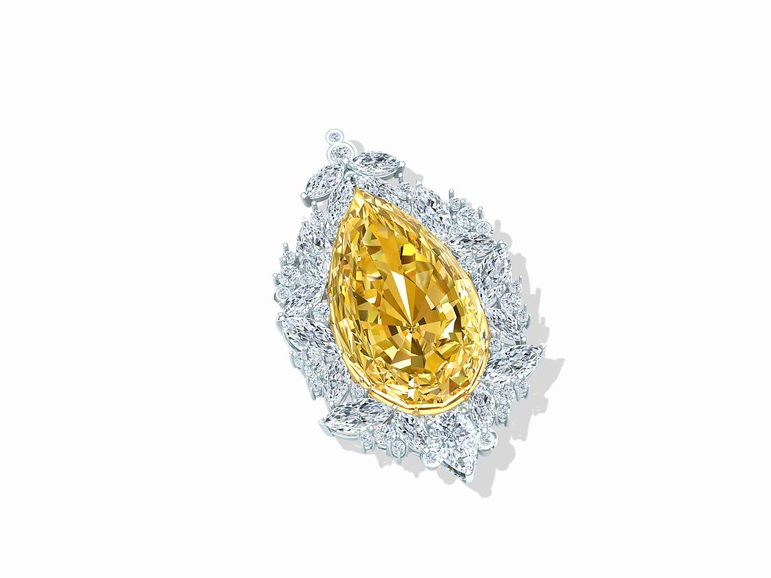 This gorgeous and unique diamond pendant looks like it would come from one of the large jewelry houses.  This timeless diamond pendant contains the following.  The center is a pear shape 3 carat fancy yellow VS diamond.  The center stone is