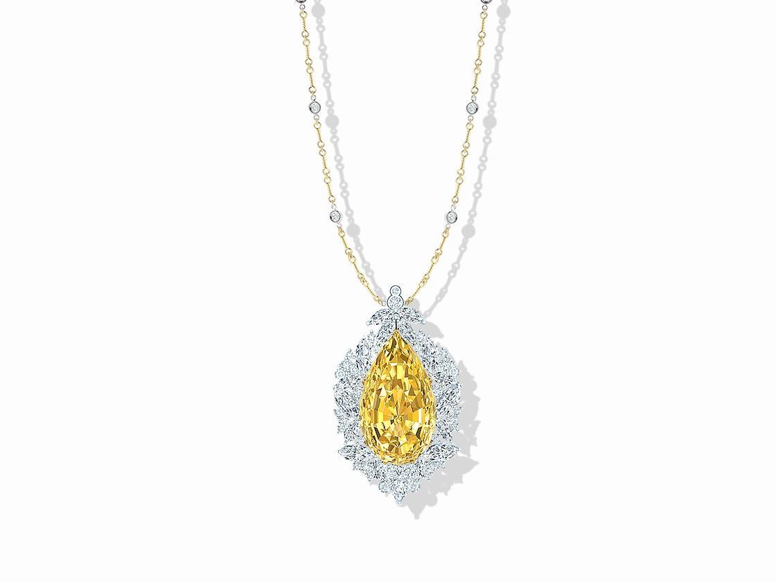 Modern Timeless, GIA Fancy Yellow Pear Diamond, Platinum VS Pendant For Sale
