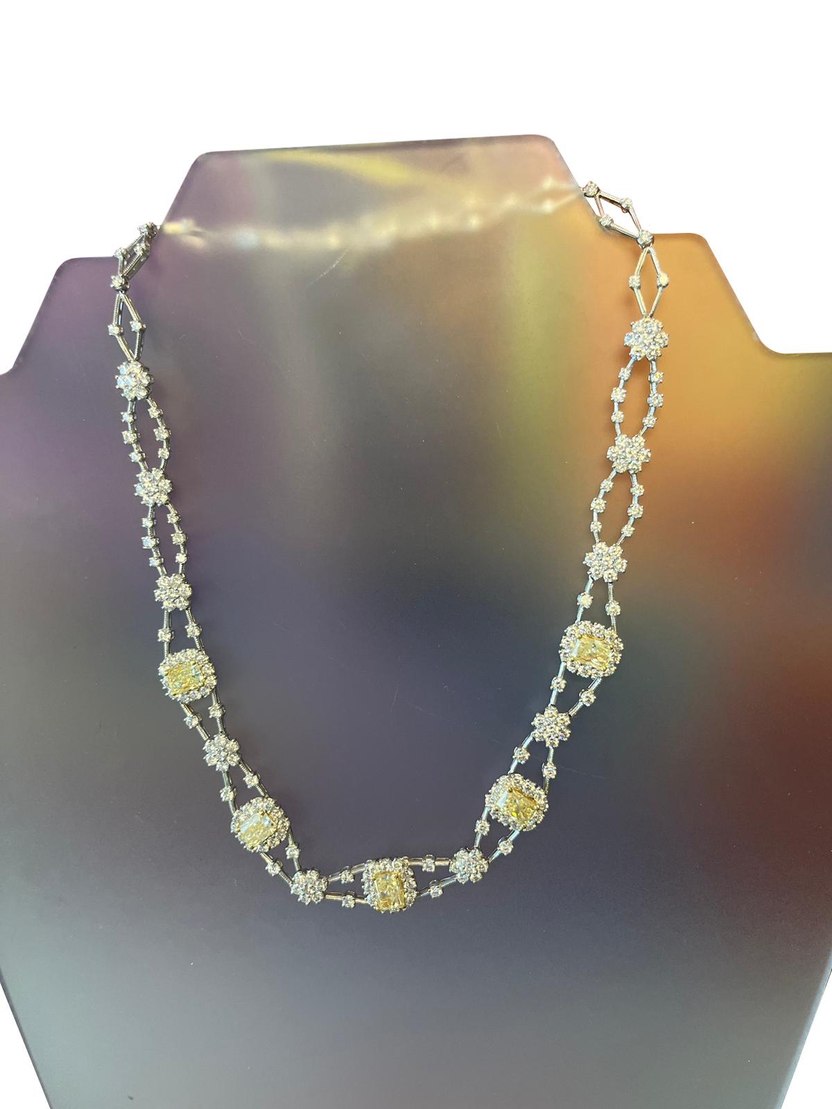 Modernist 11.8ctw Natural Radiant Cut Yellow Fancy Color 5.80ct White Diamonds Necklace For Sale