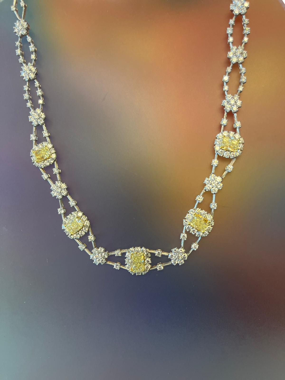 11.8ctw Natural Radiant Cut Yellow Fancy Color 5.80ct White Diamonds Necklace For Sale 2
