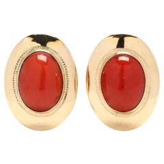 6ctw Oval Cabochon Coral Stud Earrings, 18K Yellow Gold