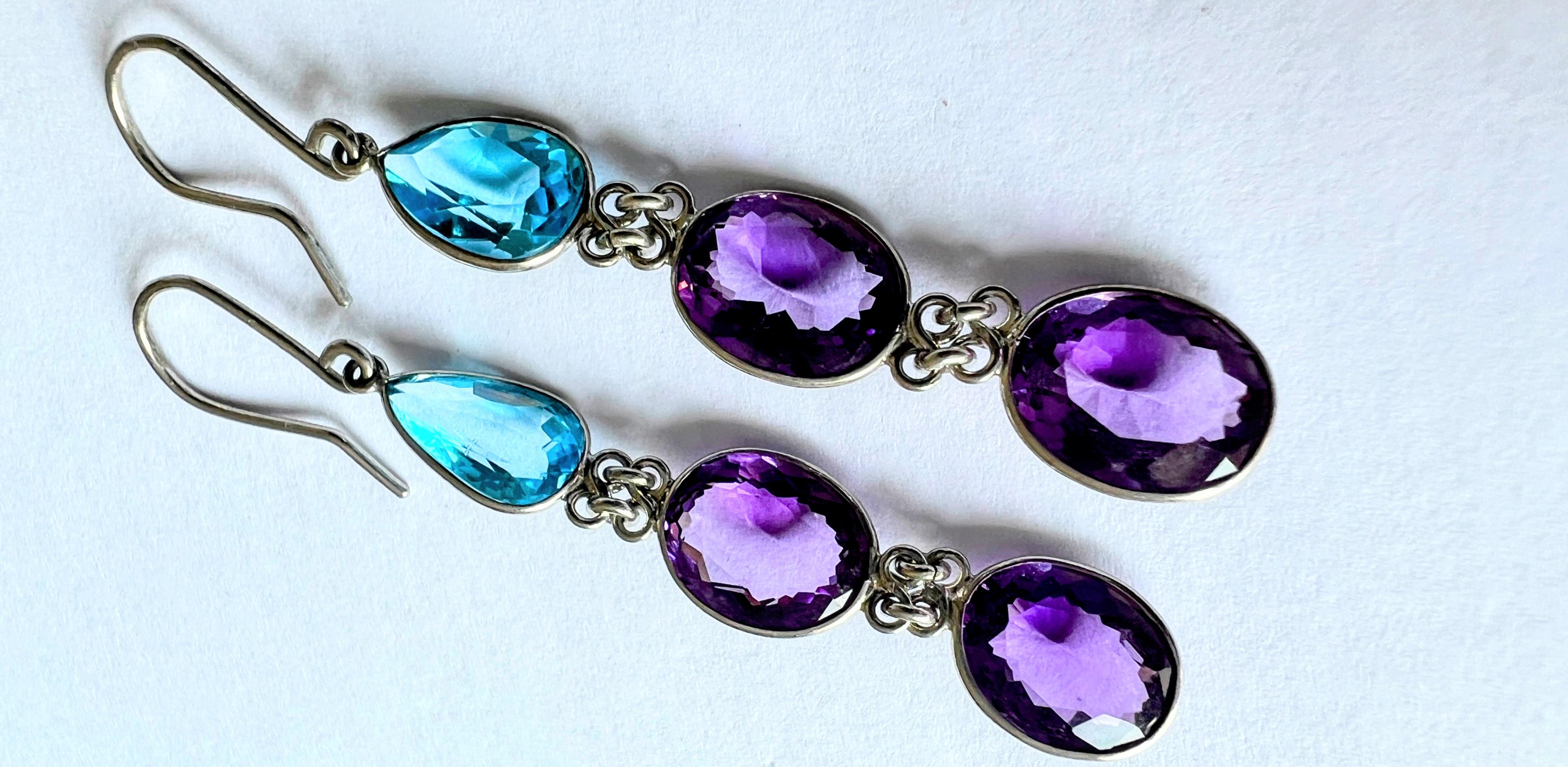 6ctw Blue Topaz and Amethyst Platinum Silver Drop Earrings For Sale 2