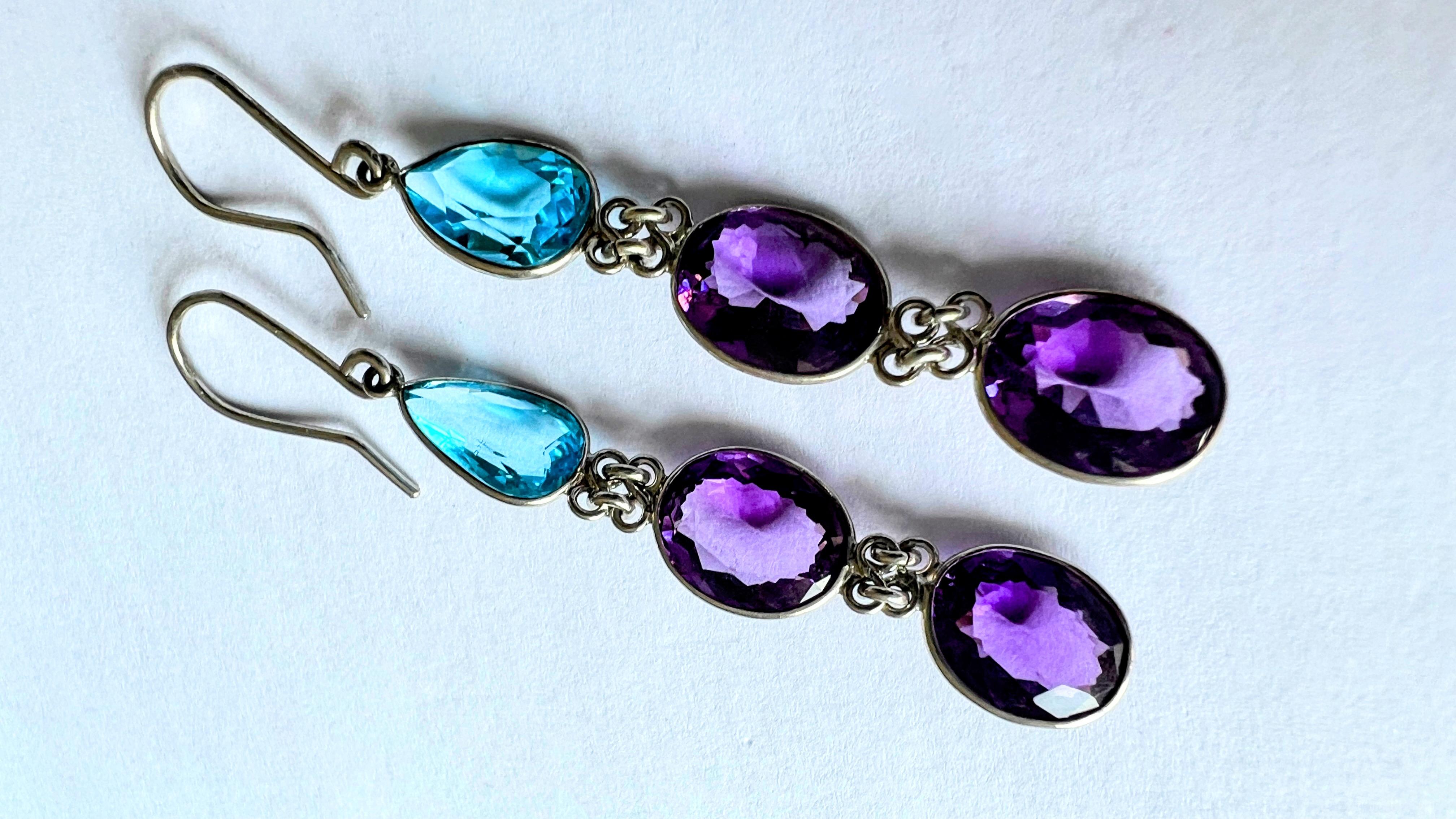 6ctw Blue Topaz and Amethyst Platinum Silver Drop Earrings In New Condition For Sale In Sheridan, WY