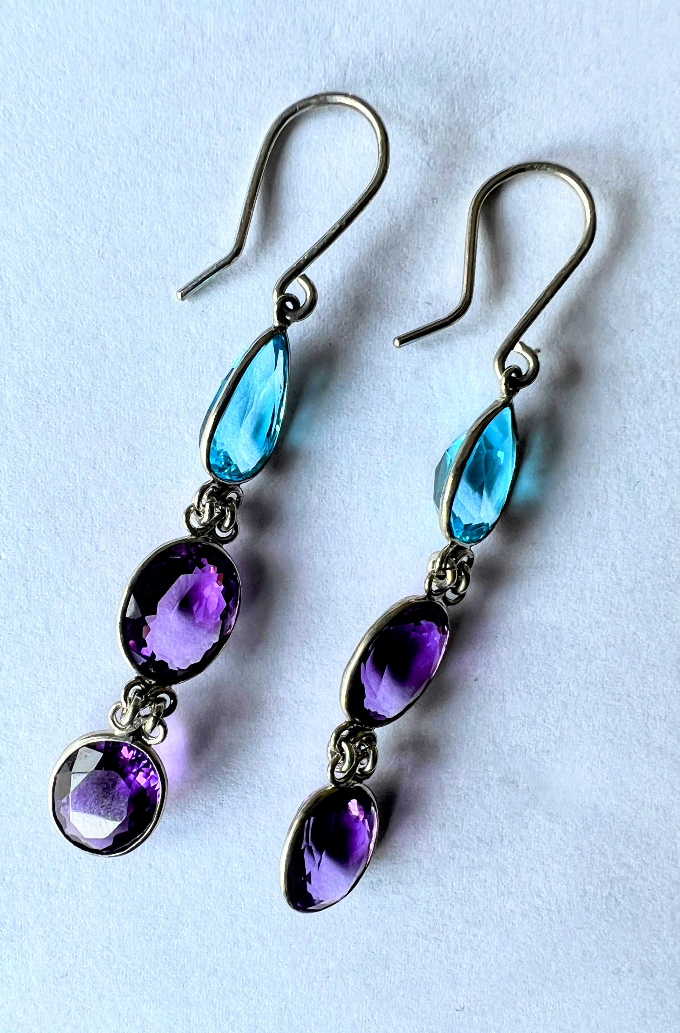 6ctw Blue Topaz and Amethyst Platinum Silver Drop Earrings For Sale 3