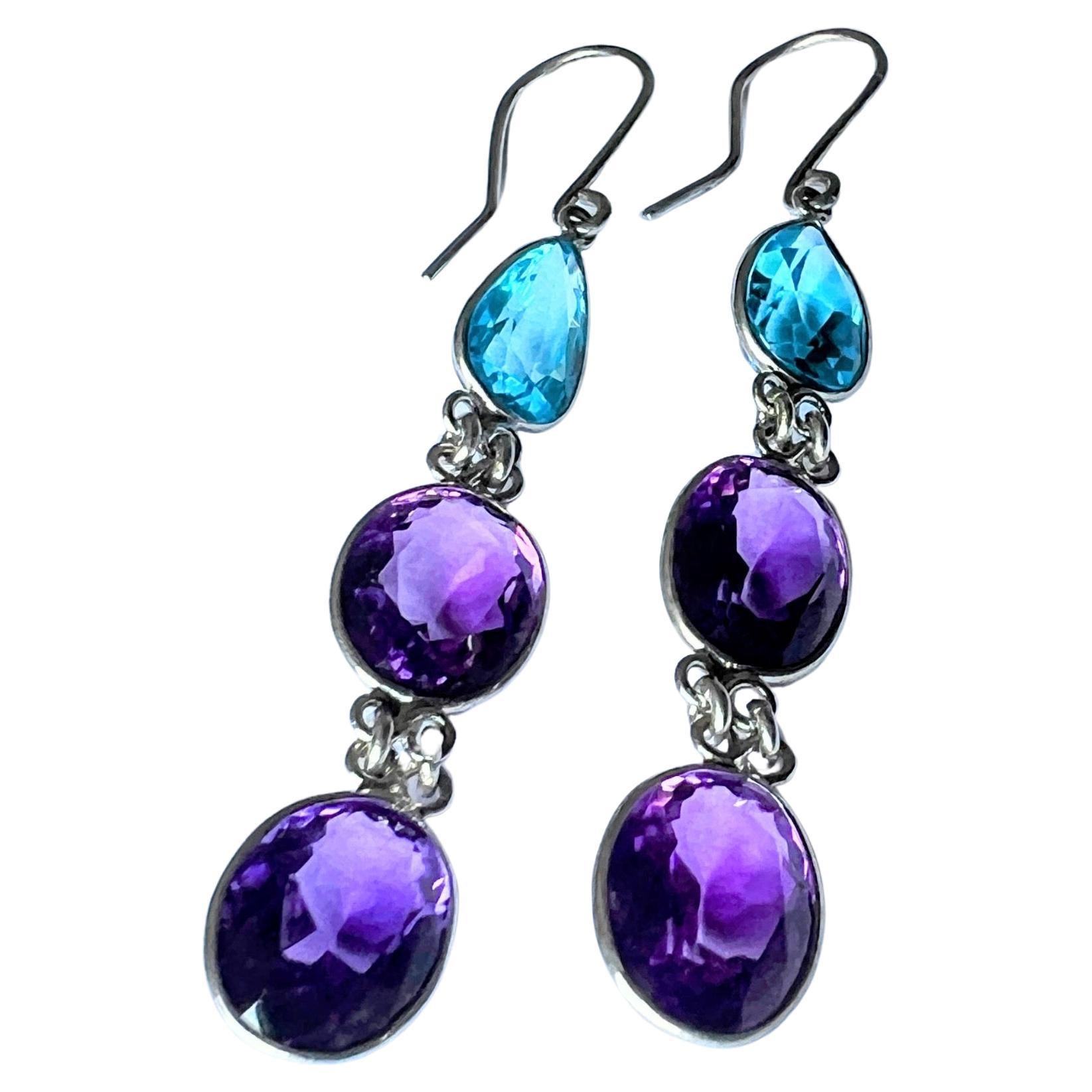 6ctw Blue Topaz and Amethyst Platinum Silver Drop Earrings For Sale