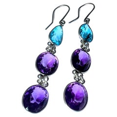6ctw Blue Topaz and Amethyst Platinum Silver Drop Earrings
