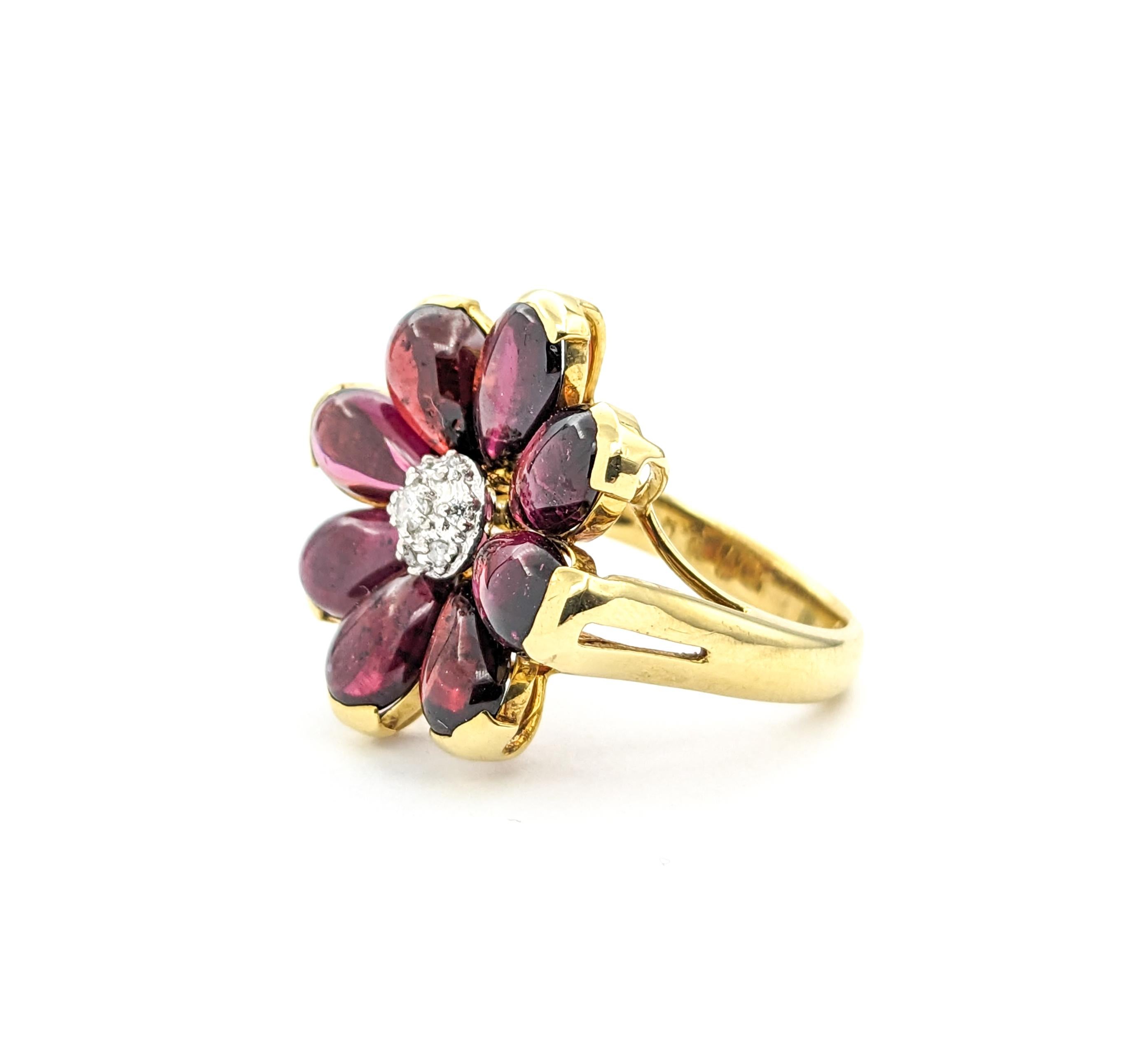 Women's 6ctw Pink Tourmaline Cabochon & Diamond Flower Ring In Yellow Gold For Sale