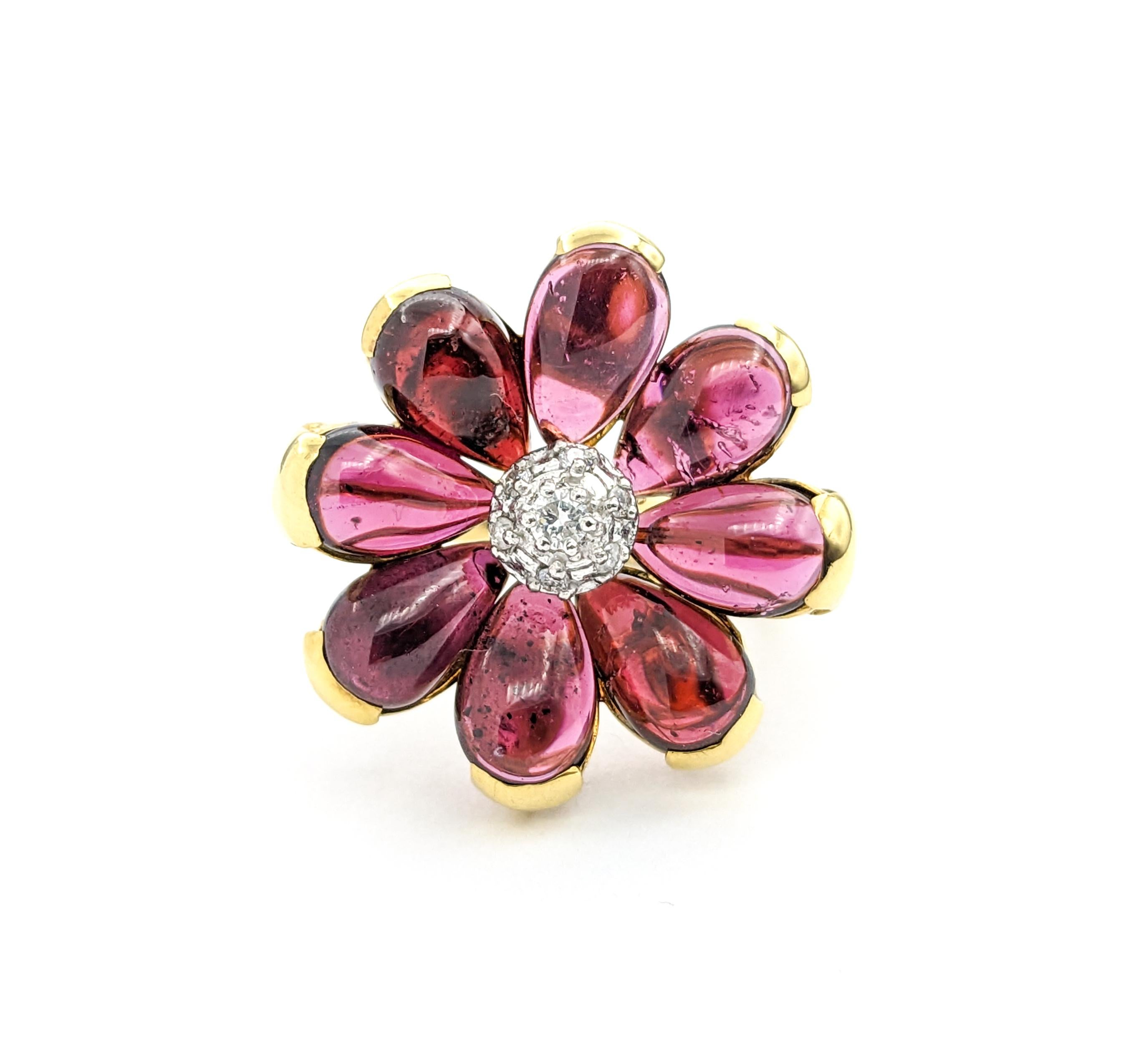 Modern 6ctw Pink Tourmaline Cabochon & Diamond Flower Ring In Yellow Gold For Sale