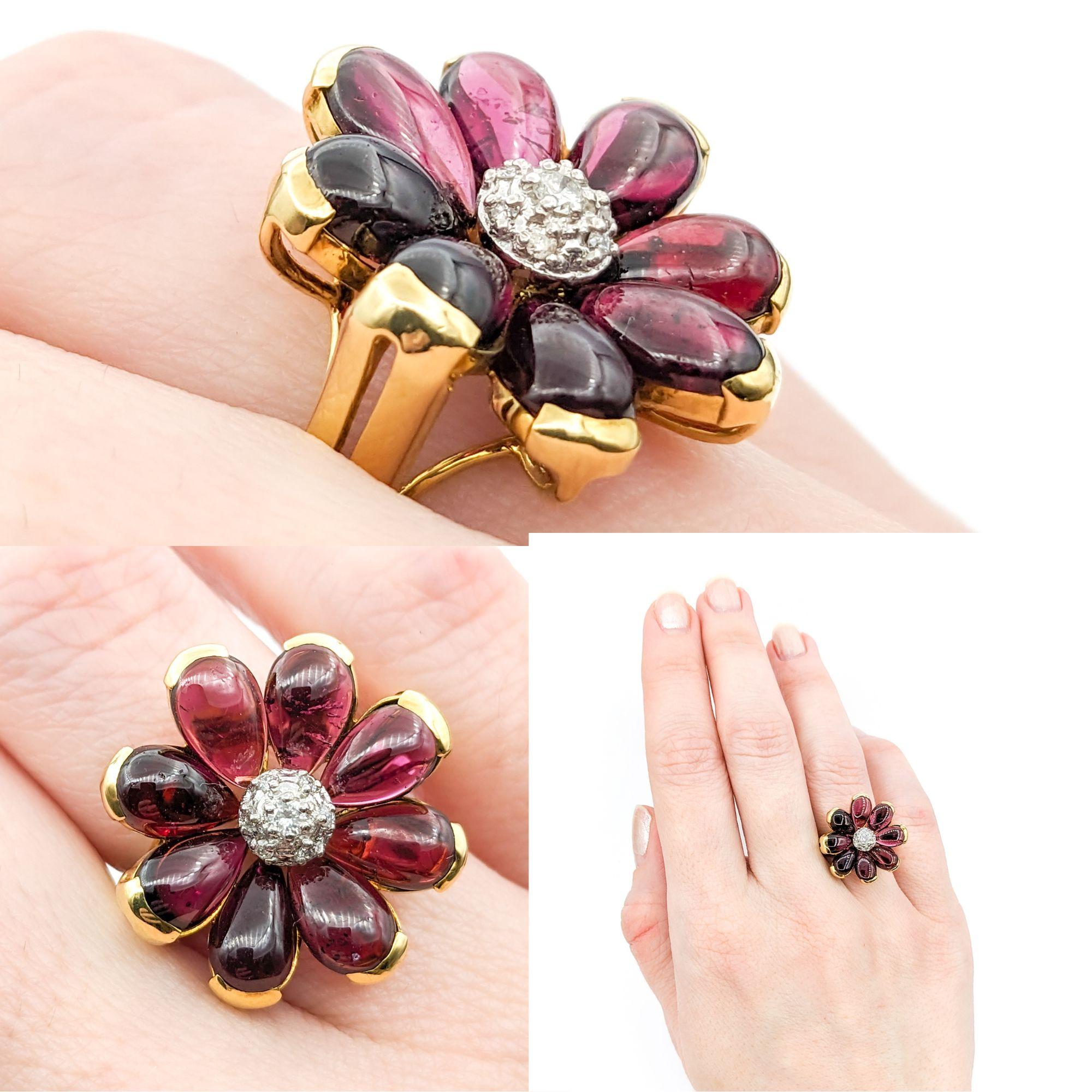 6ctw Pink Tourmaline Cabochon & Diamond Flower Ring In Yellow Gold

Introducing this whimsical pink tourmaline ring, meticulously crafted in 18k Yellow Gold. This ring features a playful flower design featuring striking 6ctw of pink tourmaline in