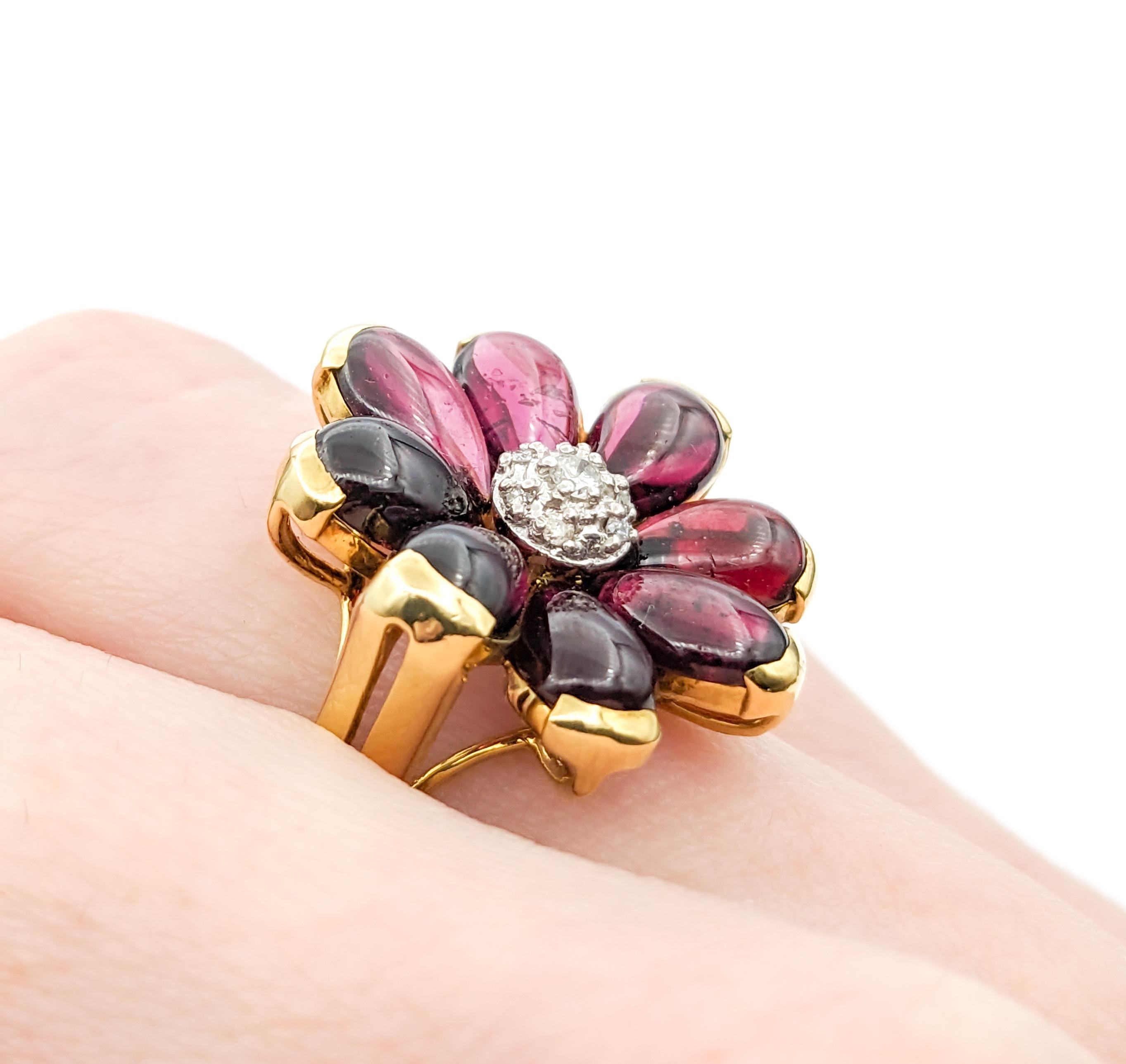 6ctw Pink Tourmaline Cabochon & Diamond Flower Ring In Yellow Gold For Sale 1