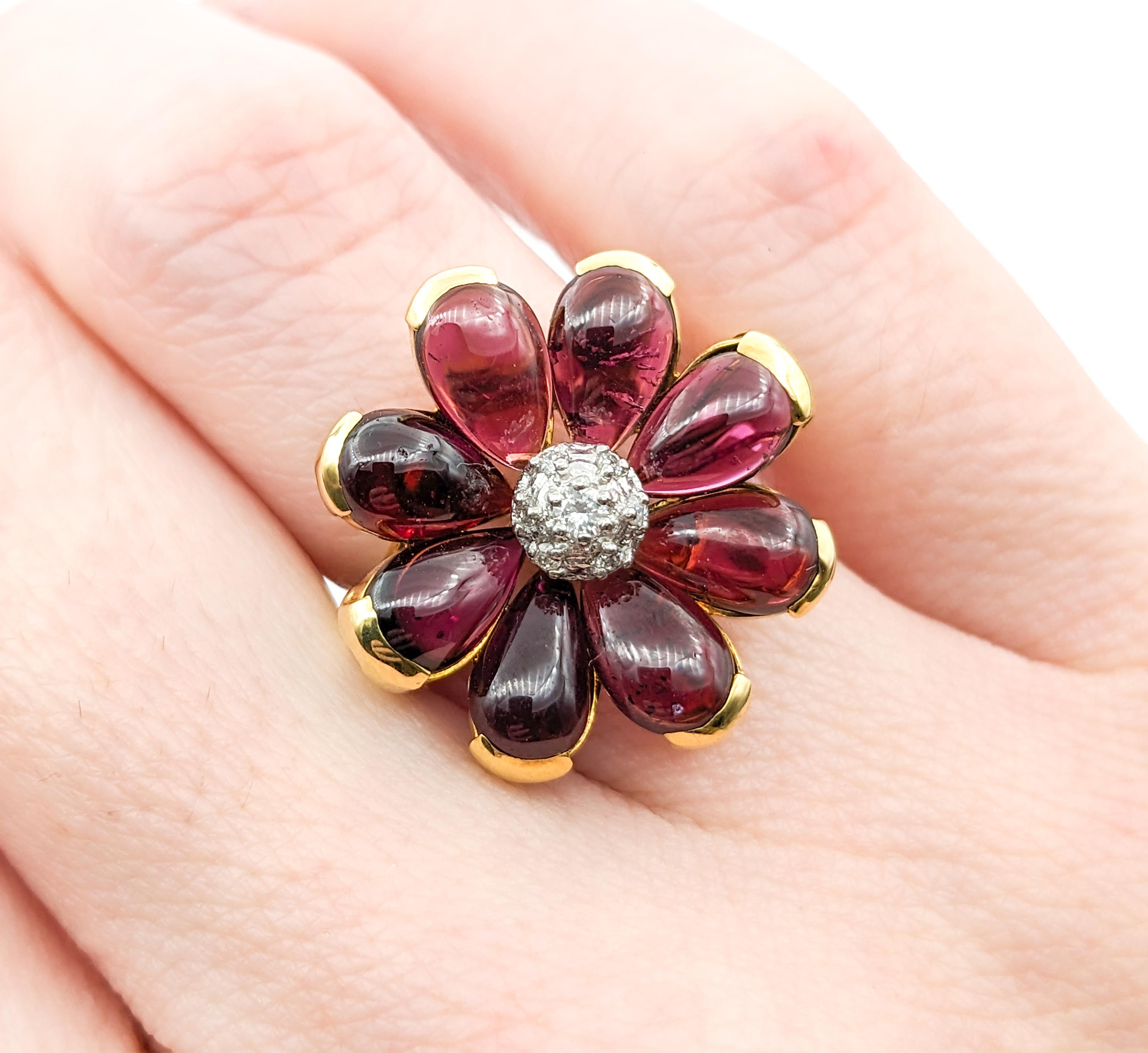 6ctw Pink Tourmaline Cabochon & Diamond Flower Ring In Yellow Gold For Sale 2