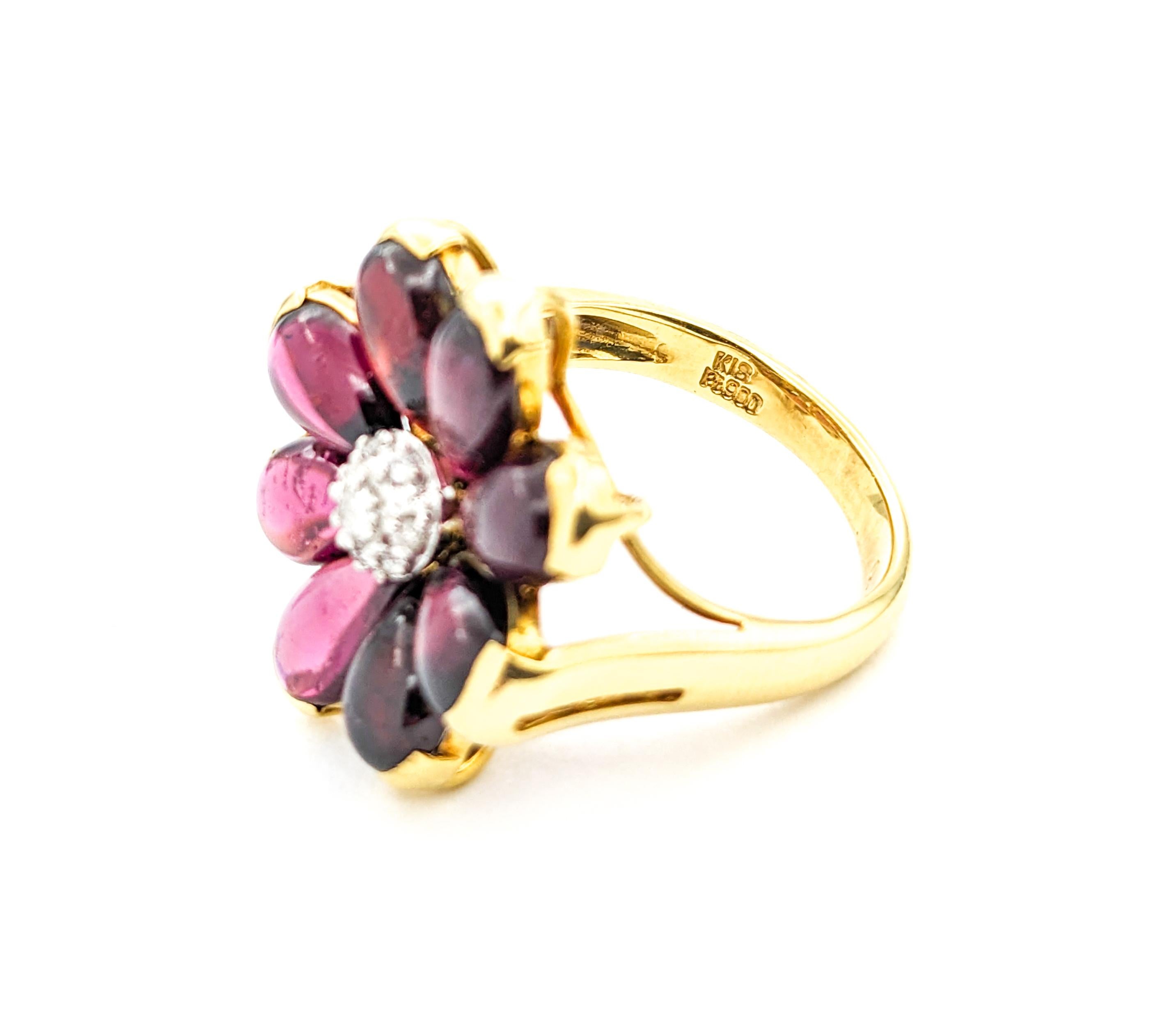 6ctw Pink Tourmaline Cabochon & Diamond Flower Ring In Yellow Gold In Excellent Condition For Sale In Bloomington, MN
