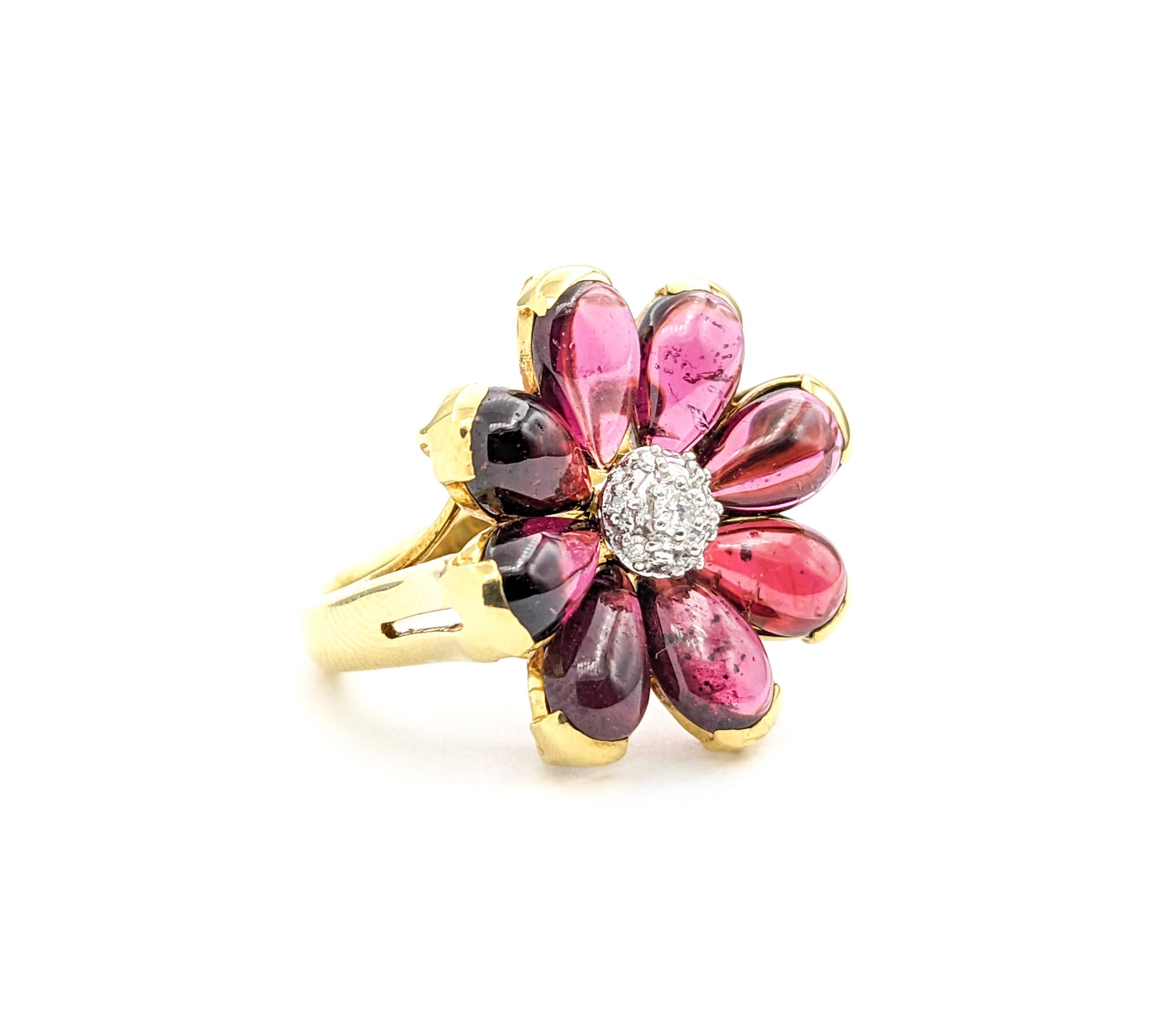 Round Cut 6ctw Pink Tourmaline Cabochon & Diamond Flower Ring In Yellow Gold For Sale