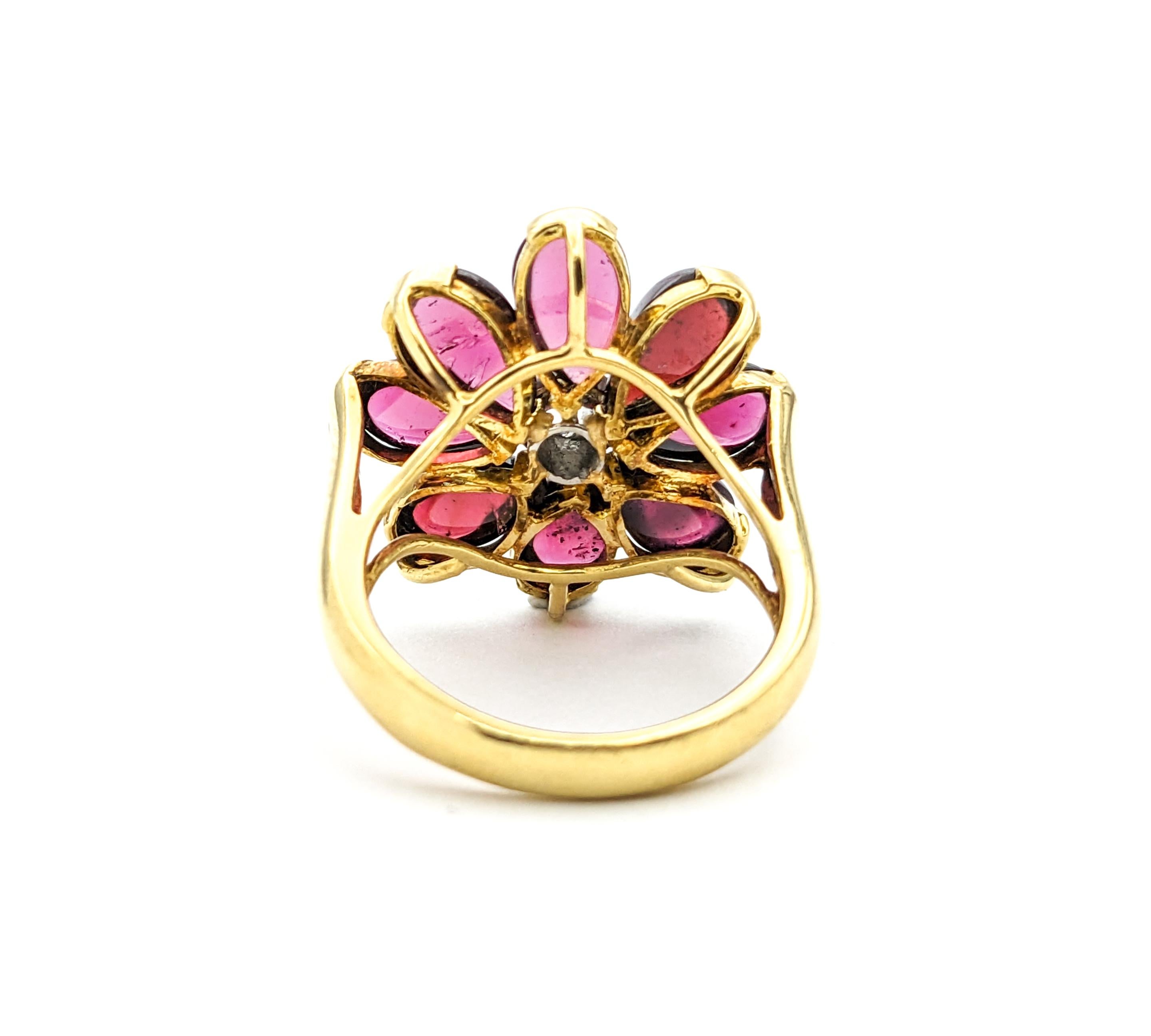 6ctw Pink Tourmaline Cabochon & Diamond Flower Ring In Yellow Gold For Sale 5