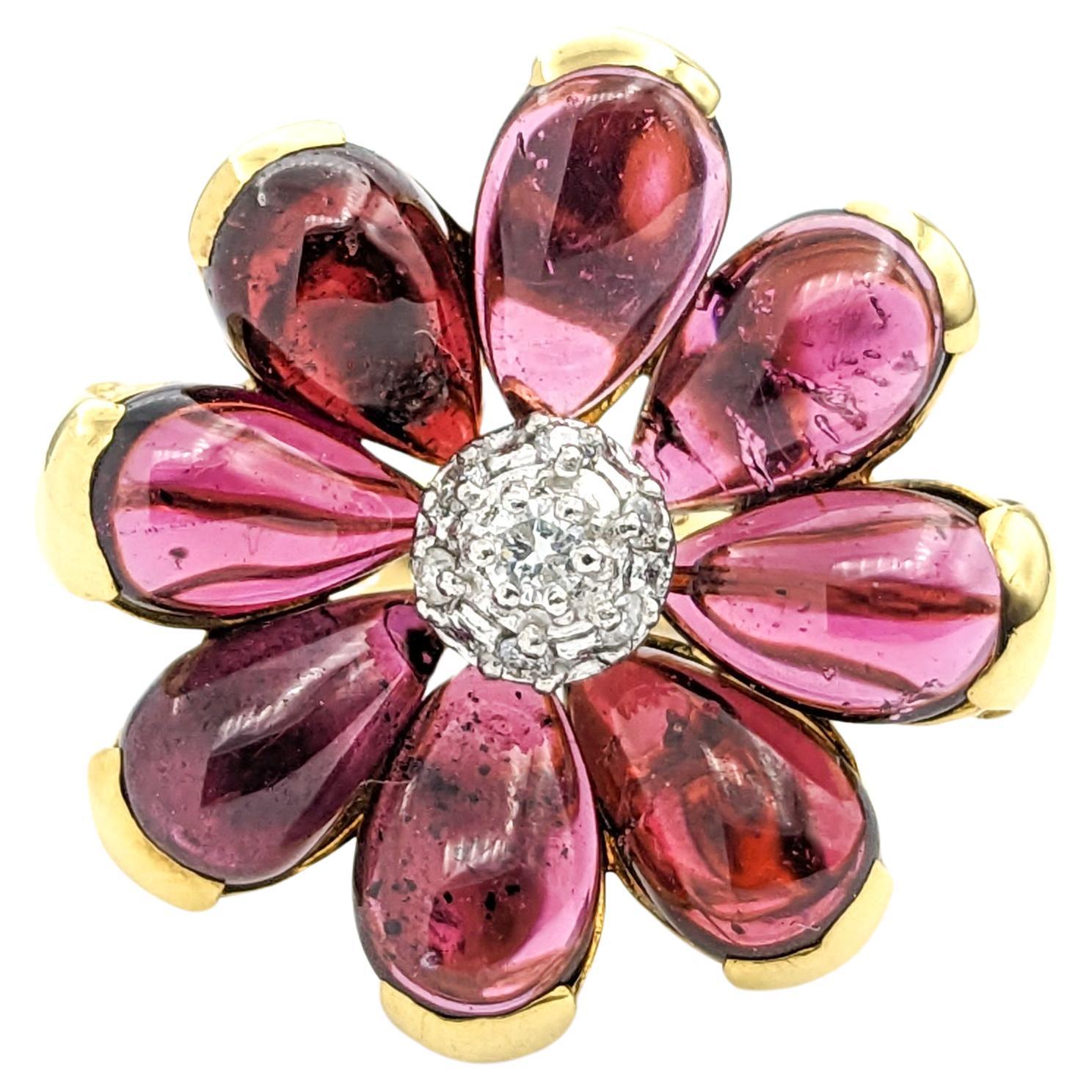 6ctw Pink Tourmaline Cabochon & Diamond Flower Ring In Yellow Gold For Sale