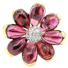 Retro 6ctw Pink Tourmaline Cabochon & Diamond Flower Ring In Yellow Gold