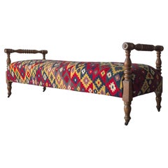 Panchina antica in Wood Wood tornito e Kilim turco da 6 piedi