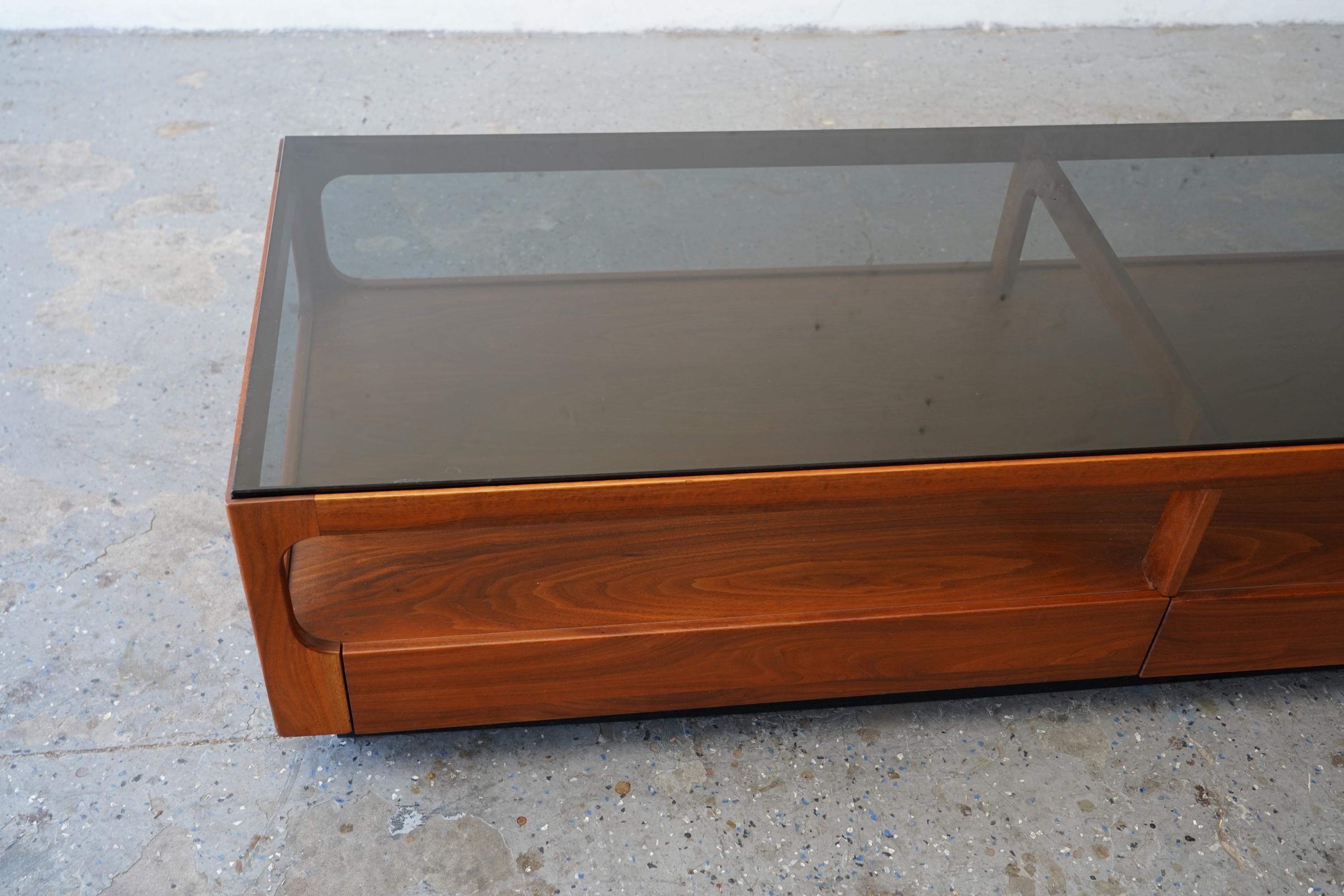 6ft John Keal Brown Saltman Mid-Century Modern Coffee Table w Smoked Glass Top For Sale 6