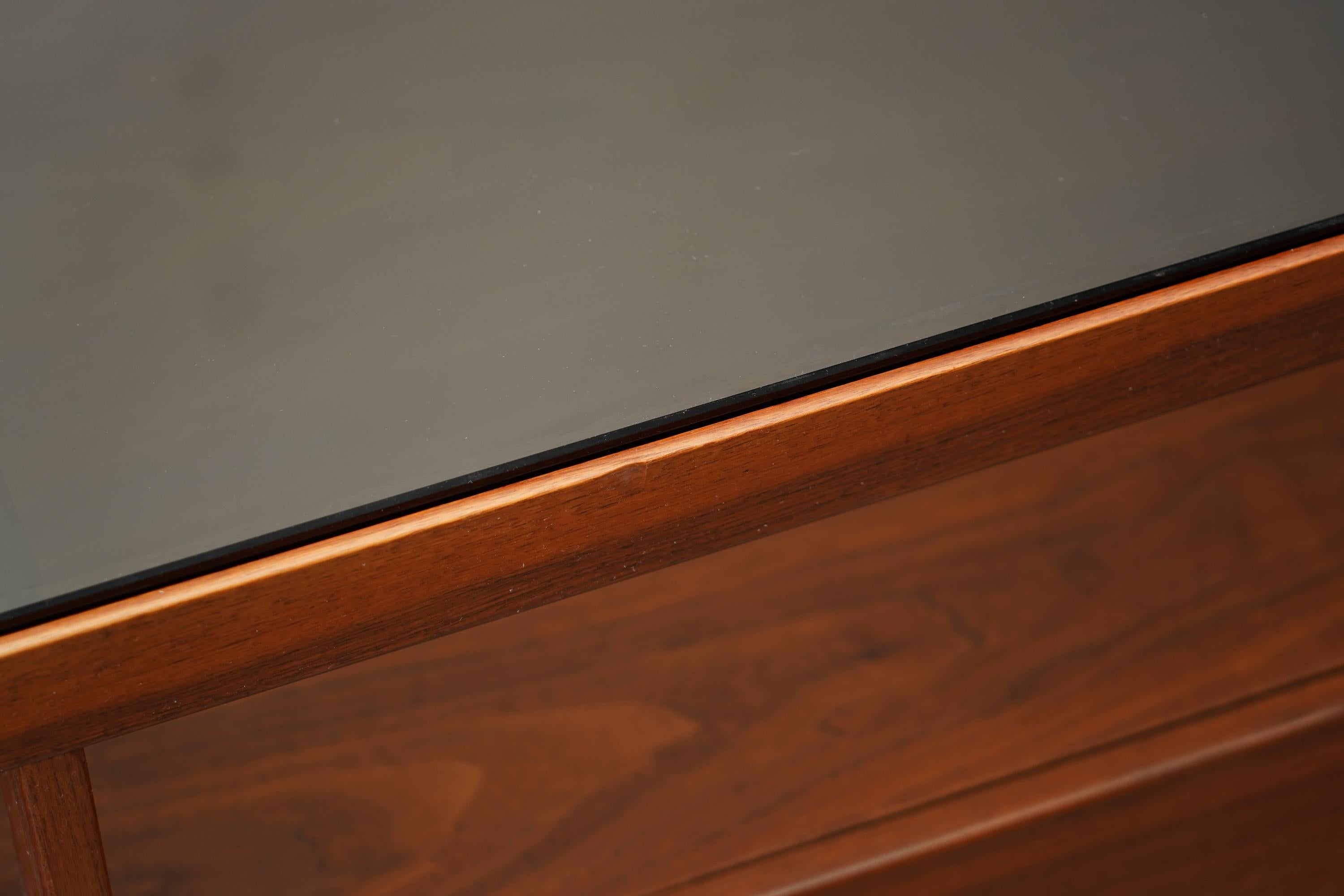 6ft John Keal Brown Saltman Mid-Century Modern Coffee Table w Smoked Glass Top For Sale 7