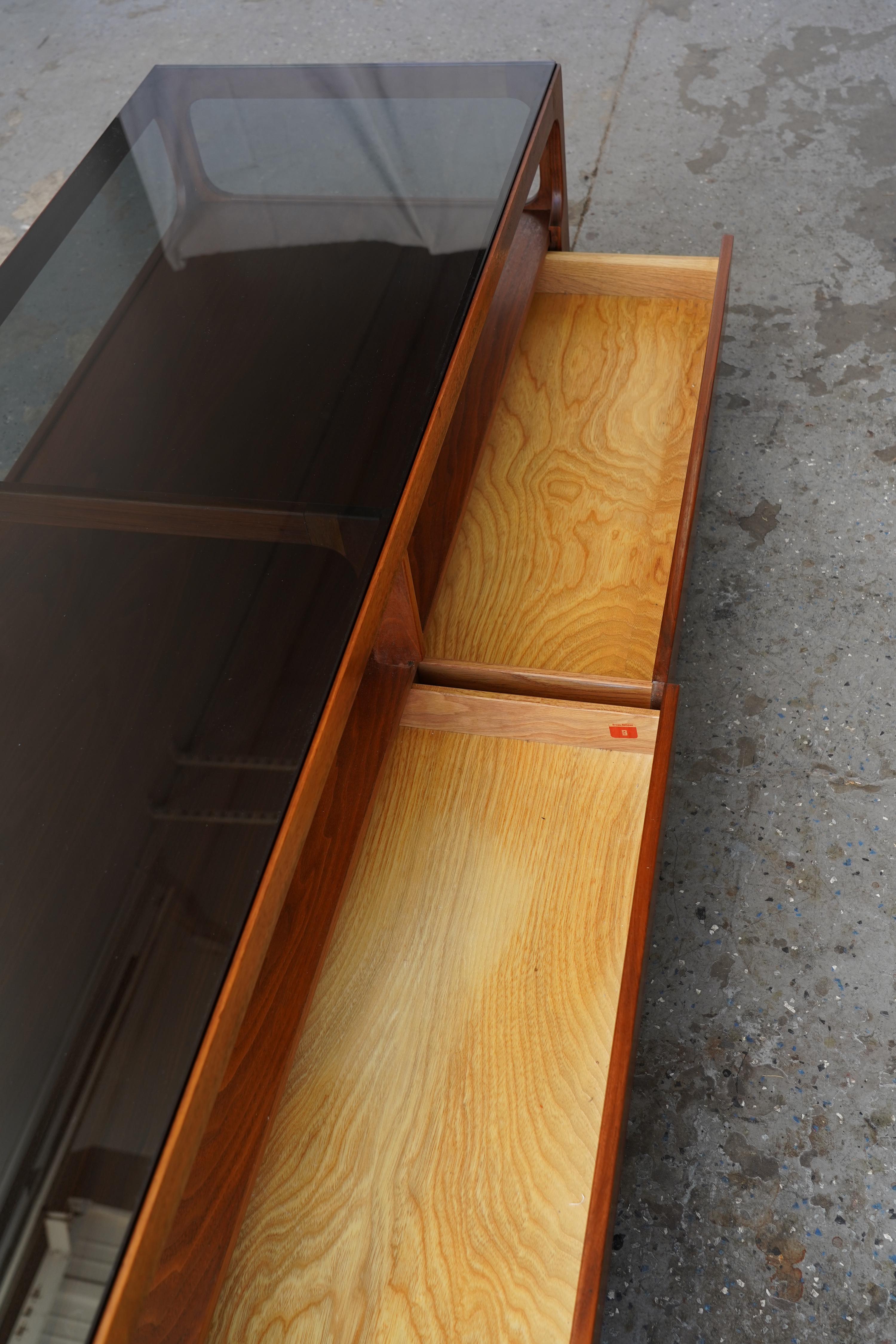 6ft John Keal Brown Saltman Mid-Century Modern Coffee Table w Smoked Glass Top For Sale 8
