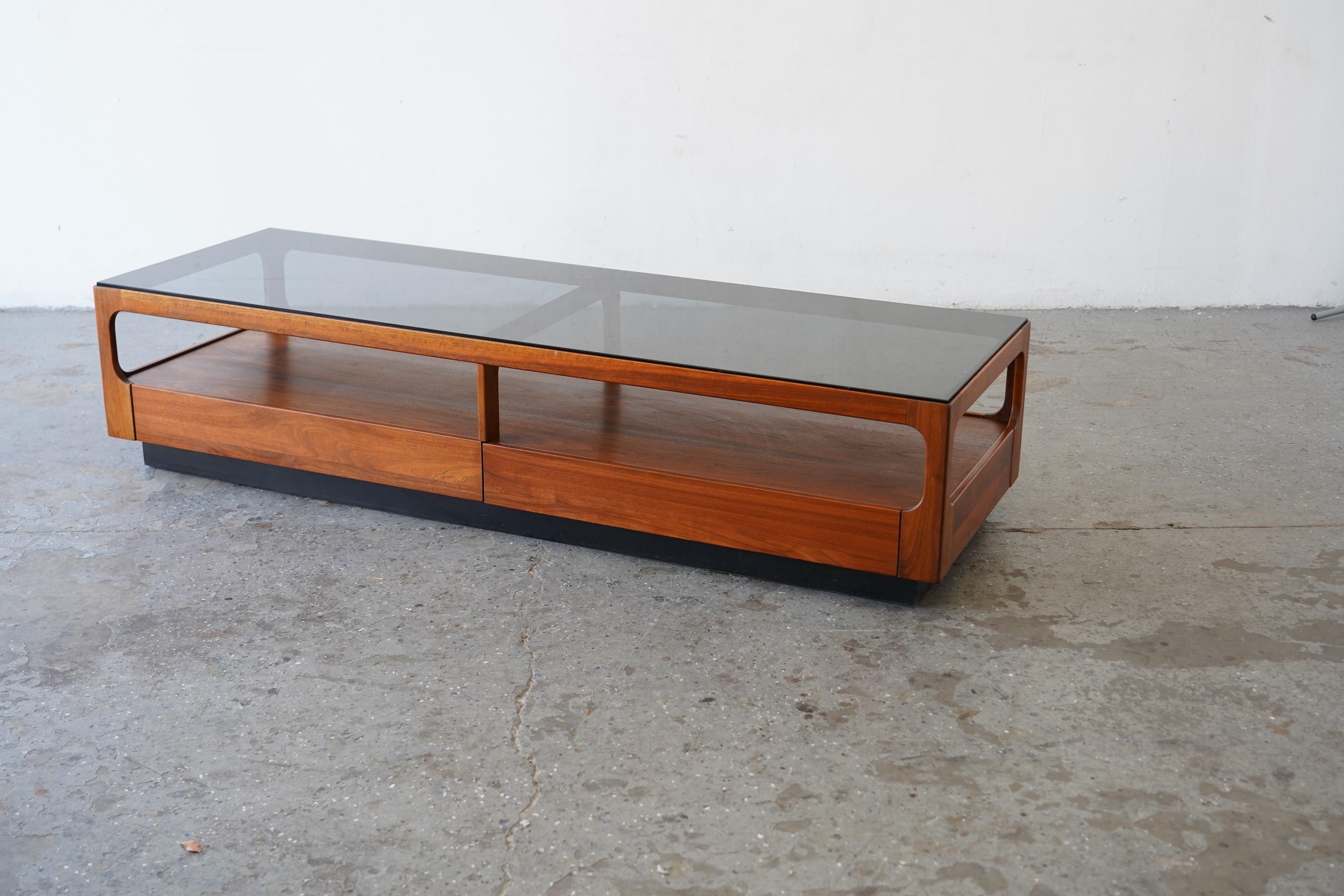6ft John Keal Brown Saltman Mid-Century Modern Coffee Table w Smoked Glass Top For Sale 10